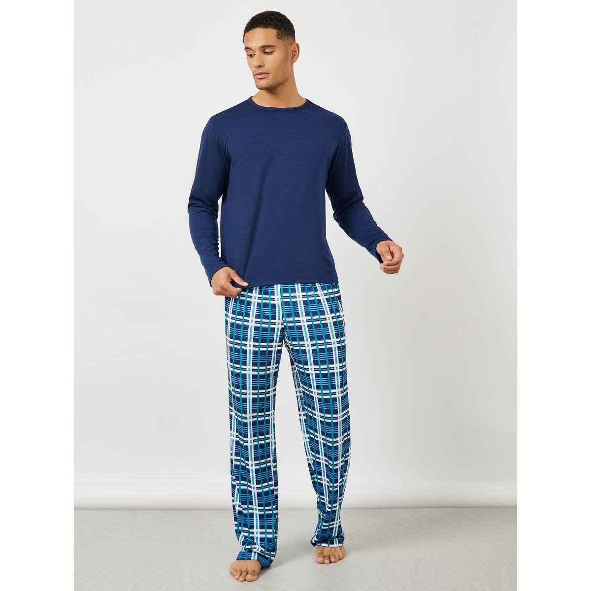 Styli Unwind Solid Long Sleeve T-Shirt & Checkered Pyjama Set-men-clothing-nightwear-sets-image-1