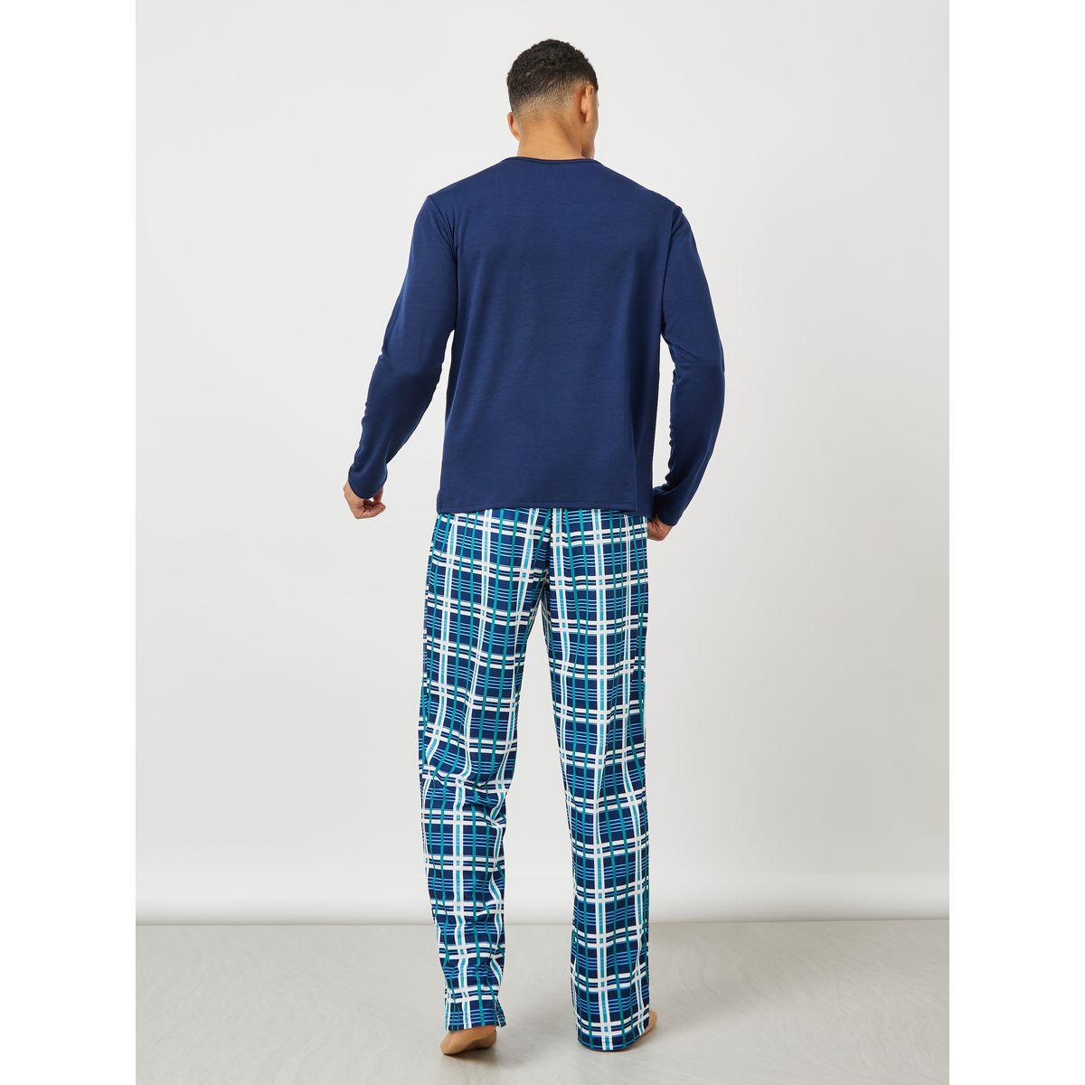 Styli Unwind Solid Long Sleeve T-Shirt & Checkered Pyjama Set-men-clothing-nightwear-sets-image-4