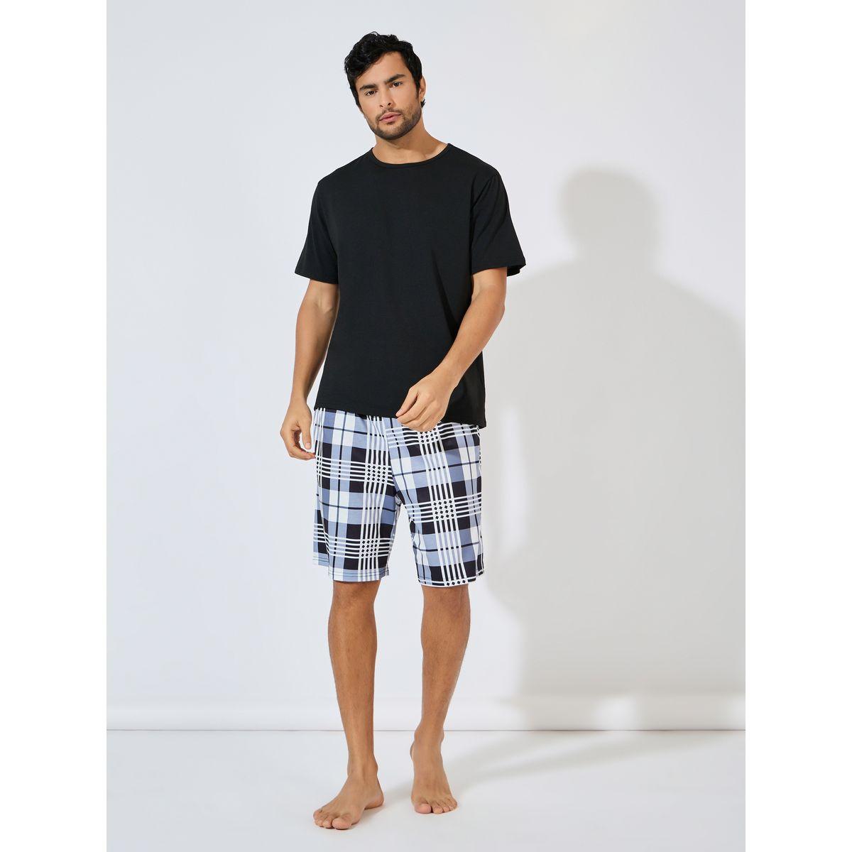 Styli Unwind Solid T-Shirt & Checkered Shorts Set-men-clothing-nightwear-sets-image-1