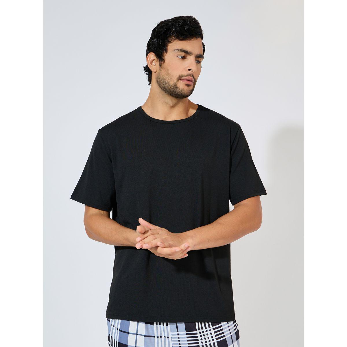 Styli Unwind Solid T-Shirt & Checkered Shorts Set-men-clothing-nightwear-sets-image-2