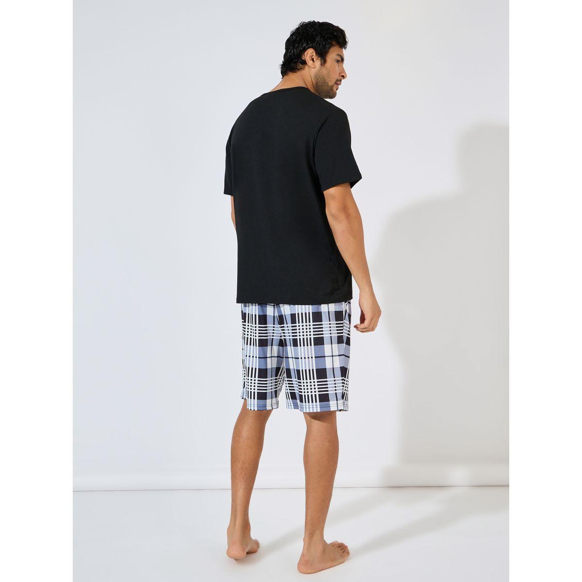 Styli Unwind Solid T-Shirt & Checkered Shorts Set-men-clothing-nightwear-sets-image-4