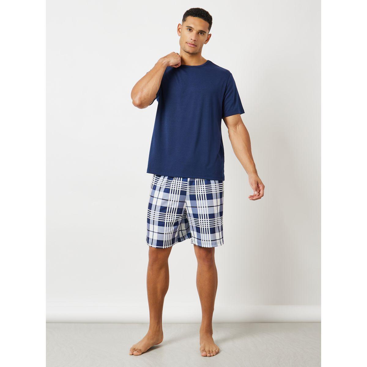 Styli Unwind Solid T-Shirt & Checkered Shorts Set-men-clothing-nightwear-sets-image-1