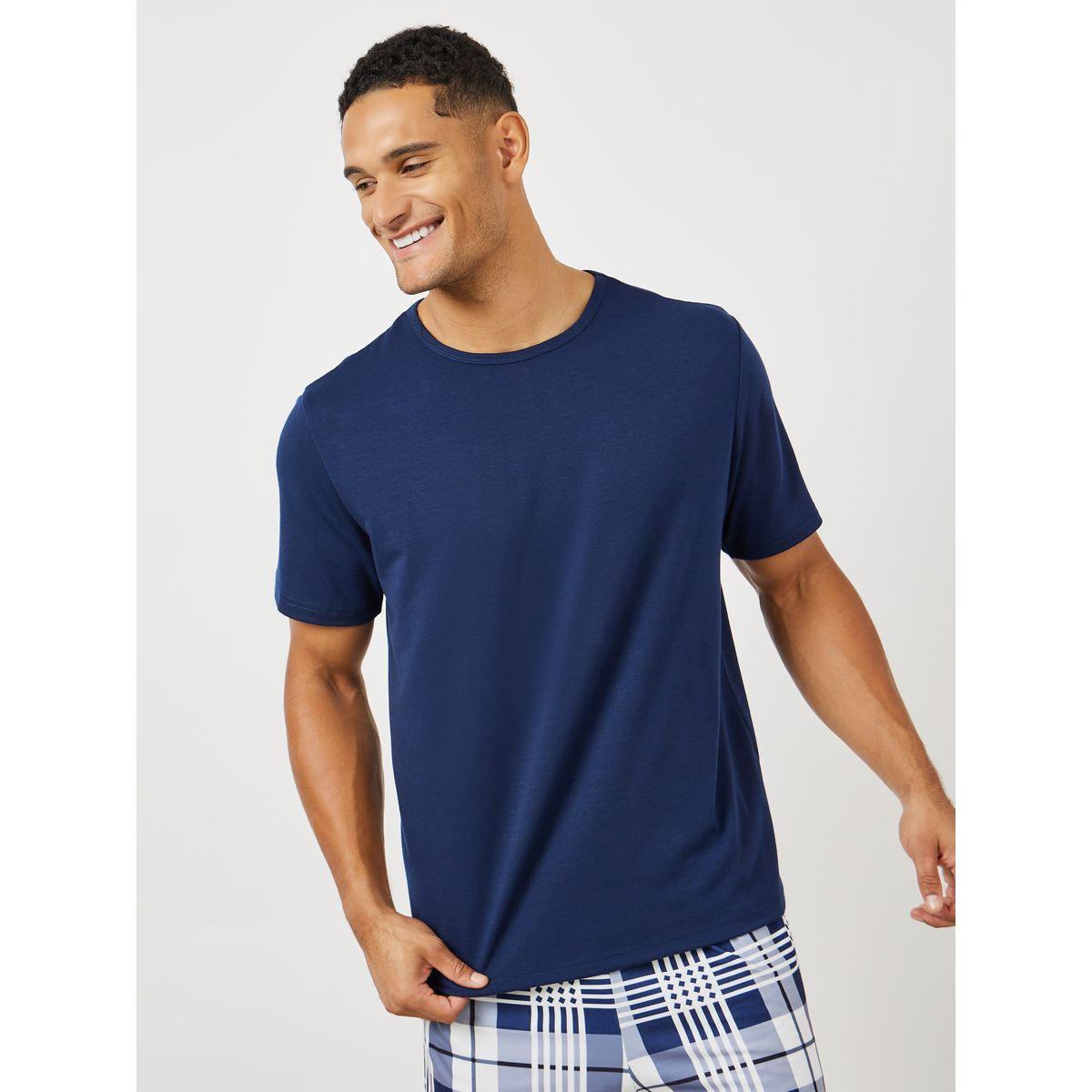 Styli Unwind Solid T-Shirt & Checkered Shorts Set-men-clothing-nightwear-sets-image-2