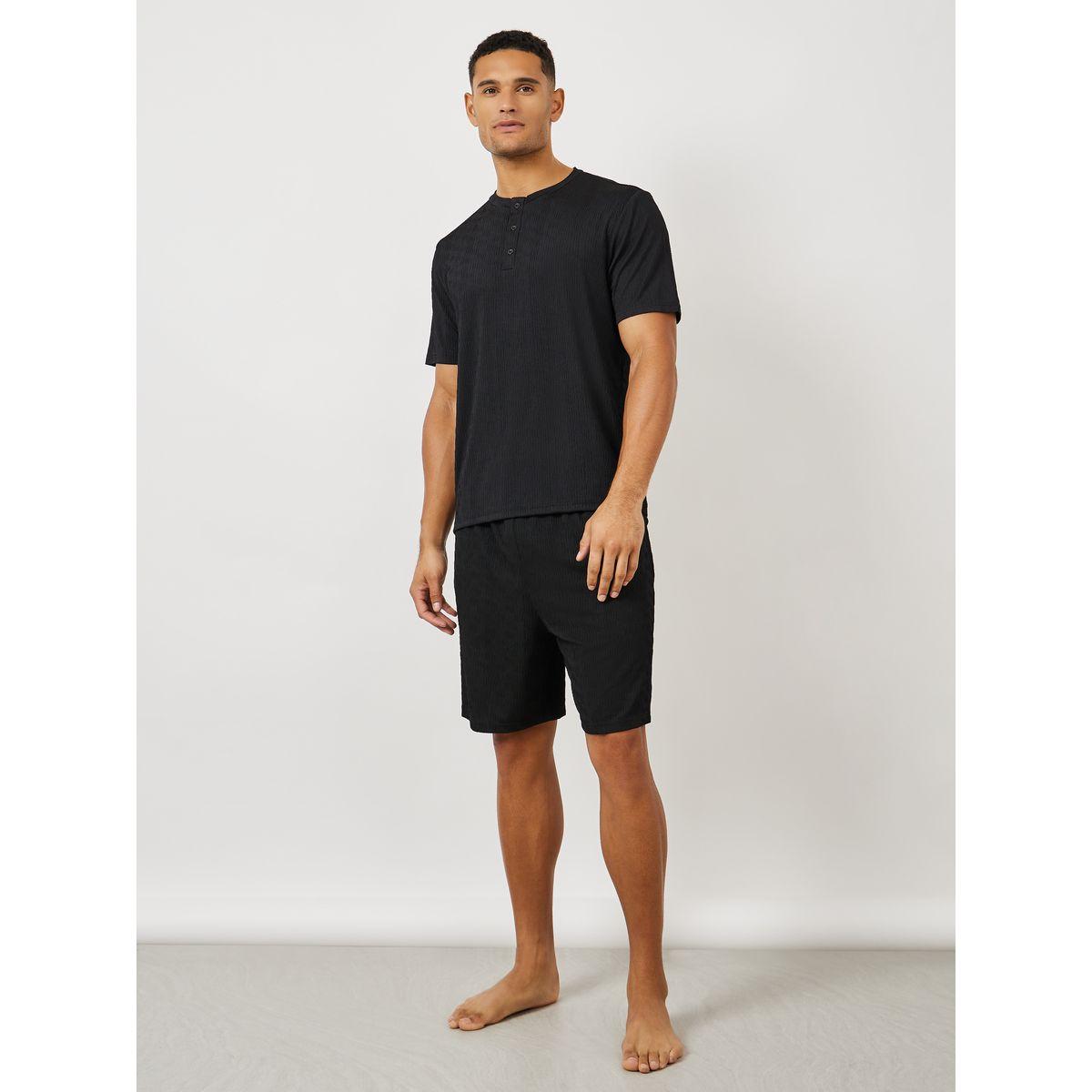 Styli Unwind Textured Half Placket T-Shirt & Shorts Set-men-clothing-nightwear-sets-image-1
