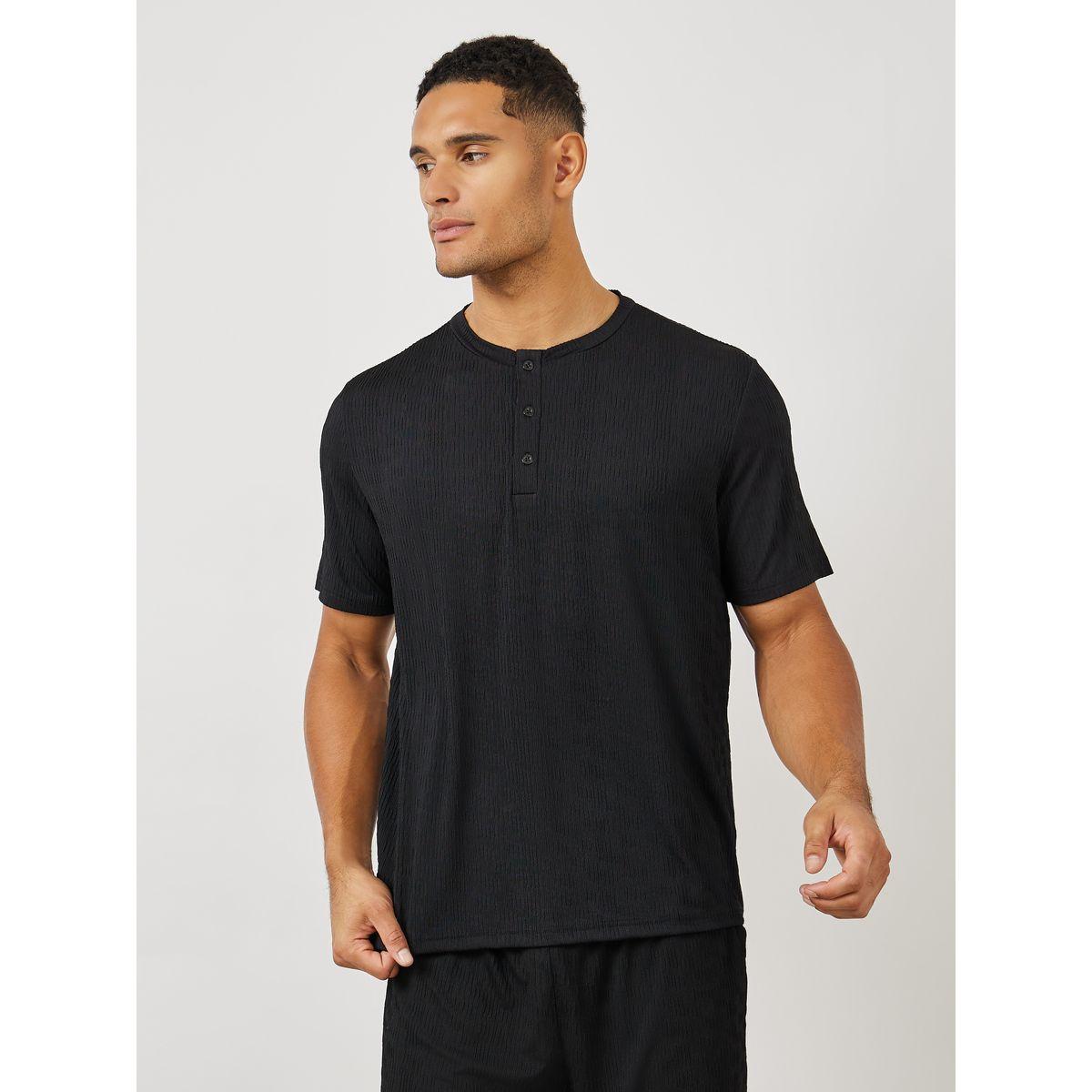 Styli Unwind Textured Half Placket T-Shirt & Shorts Set-men-clothing-nightwear-sets-image-2