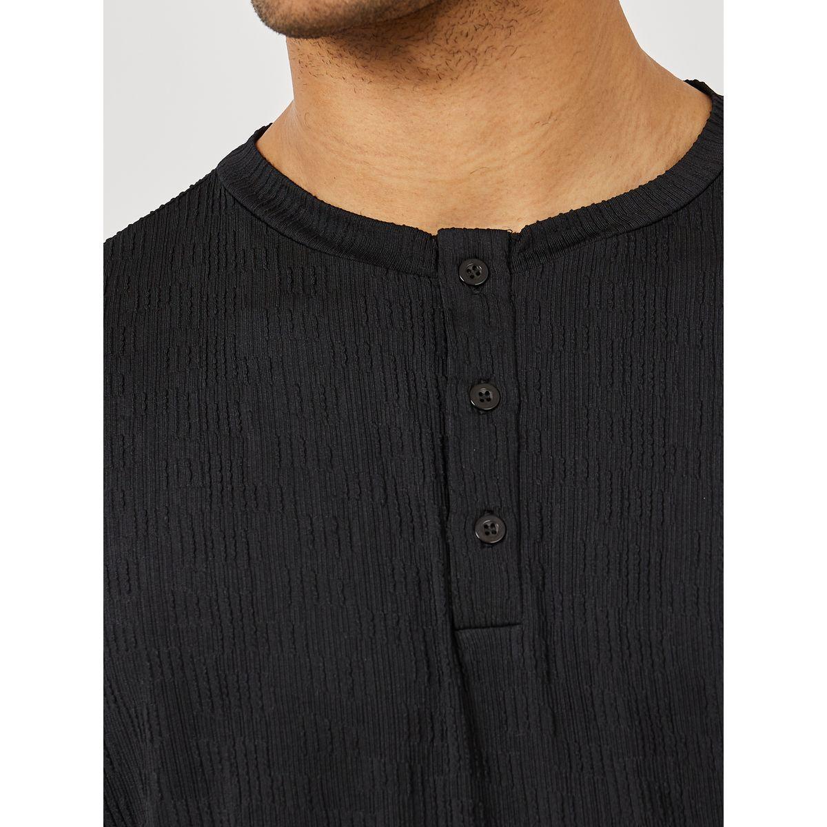 Styli Unwind Textured Half Placket T-Shirt & Shorts Set-men-clothing-nightwear-sets-image-3