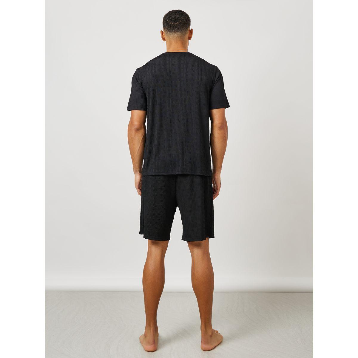 Styli Unwind Textured Half Placket T-Shirt & Shorts Set-men-clothing-nightwear-sets-image-4