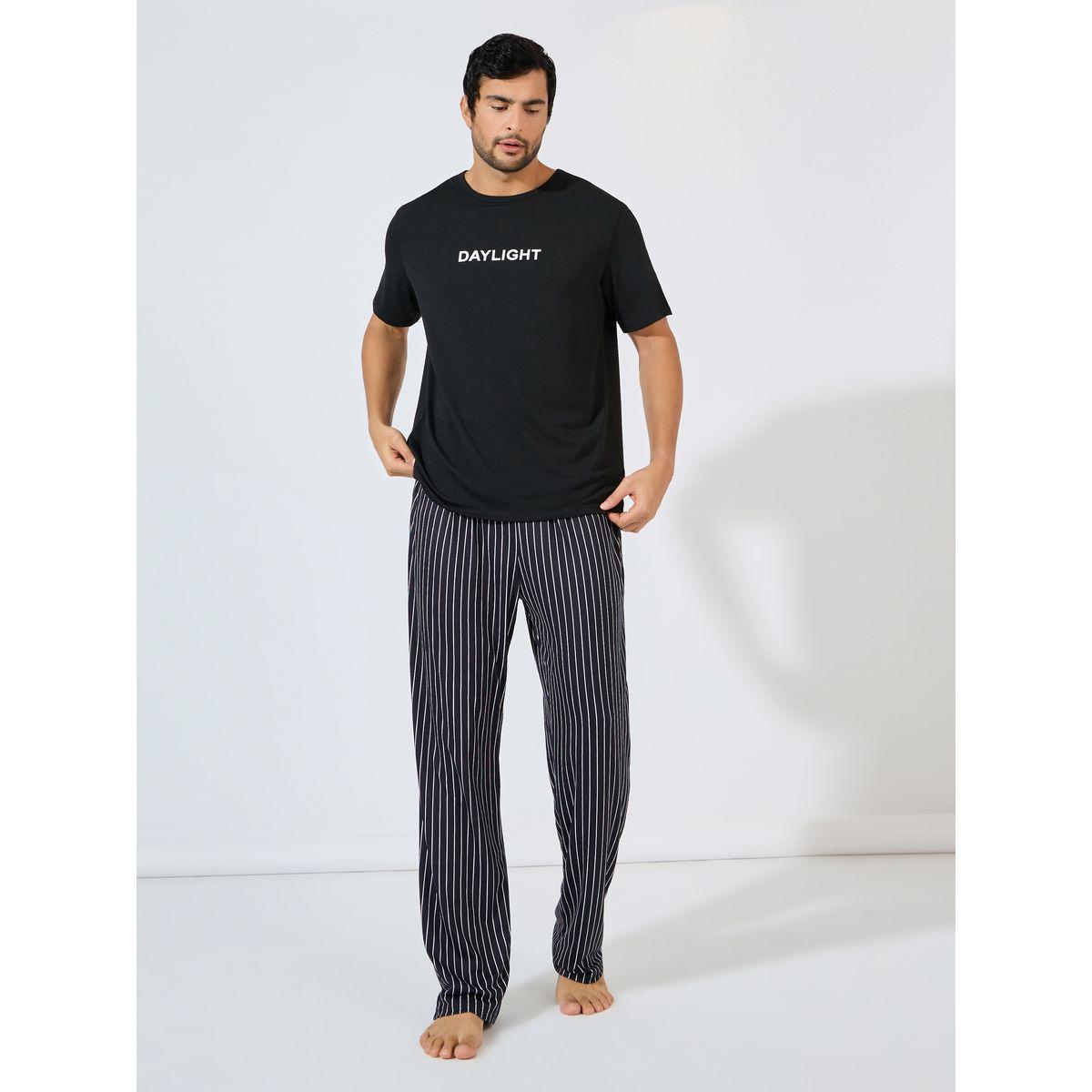 Styli Unwind Slogan Print T-Shirt & Striped Pyjama Set-men-clothing-nightwear-sets-image-1