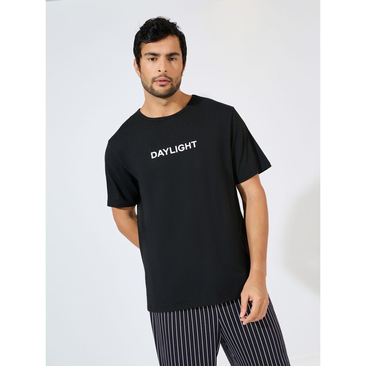 Styli Unwind Slogan Print T-Shirt & Striped Pyjama Set-men-clothing-nightwear-sets-image-2