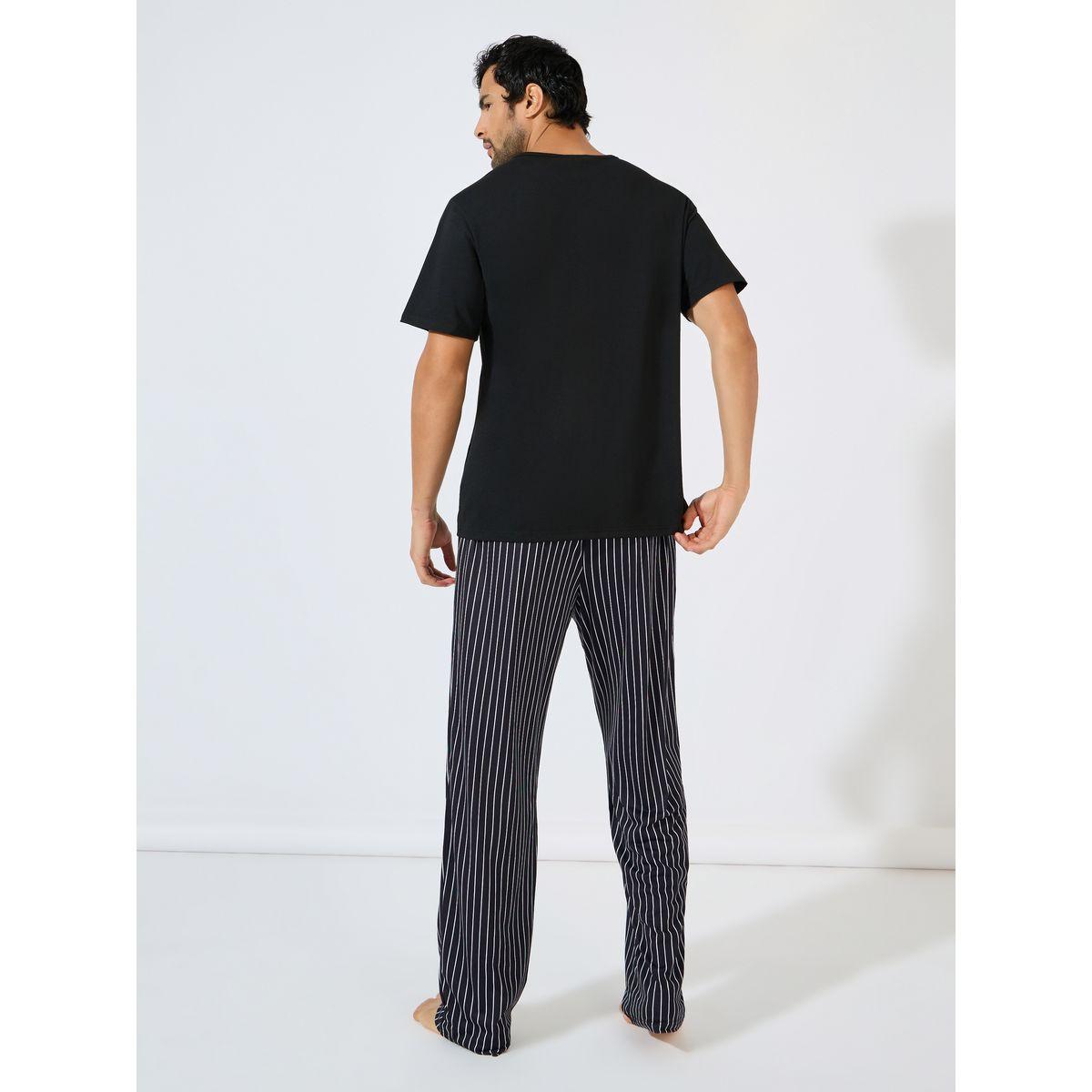 Styli Unwind Slogan Print T-Shirt & Striped Pyjama Set-men-clothing-nightwear-sets-image-4
