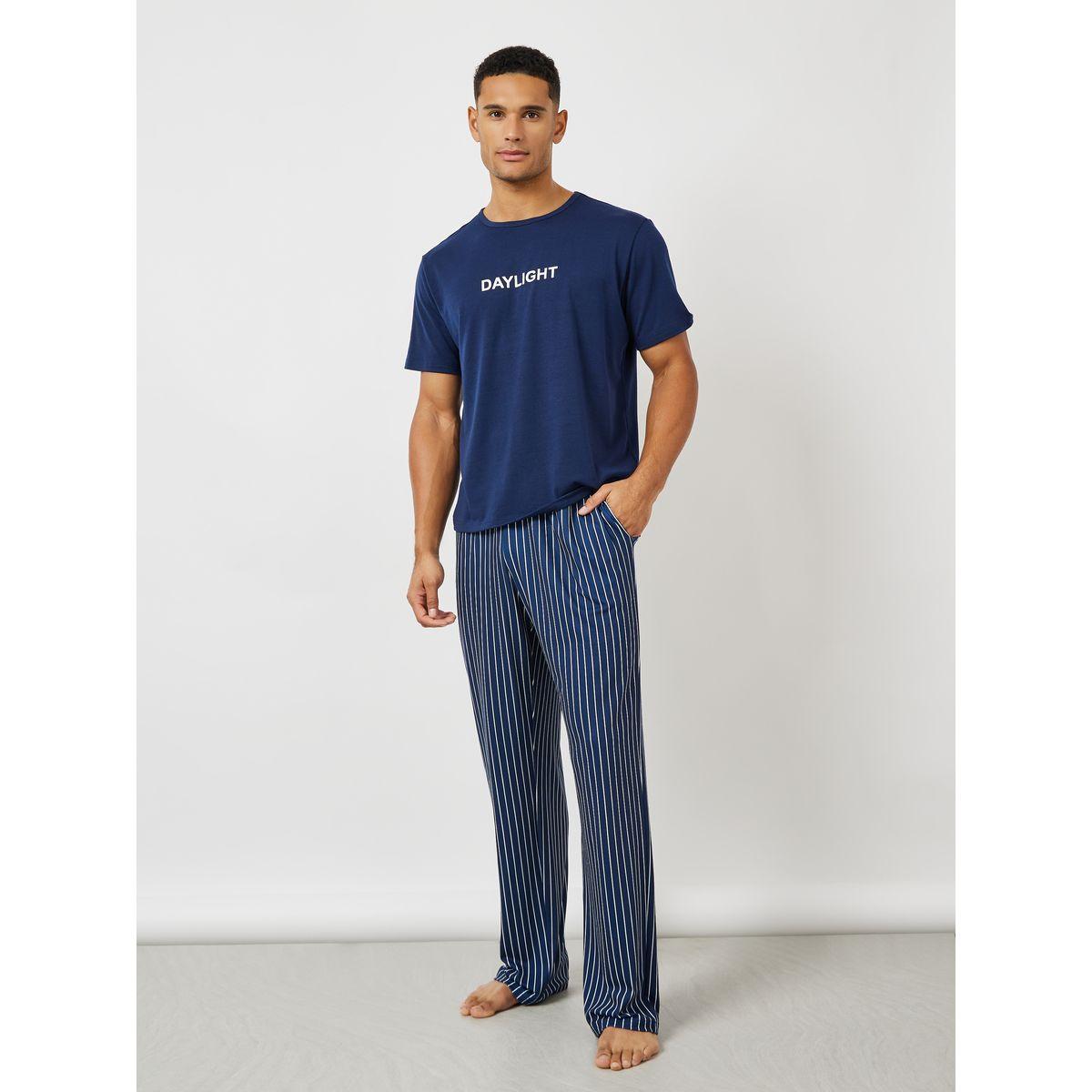Styli Unwind Slogan Print T-Shirt & Striped Pyjama Set-men-clothing-nightwear-sets-image-1