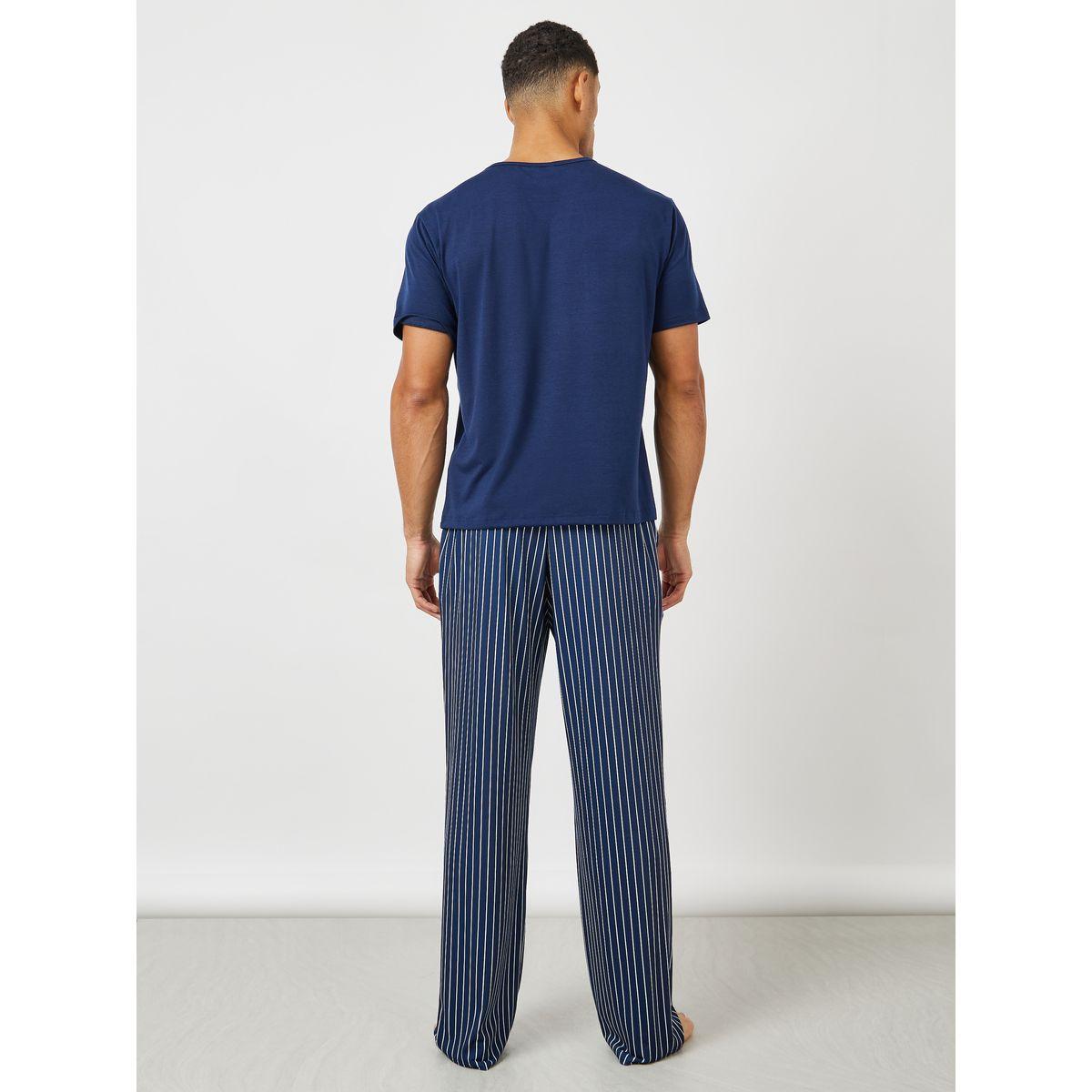 Styli Unwind Slogan Print T-Shirt & Striped Pyjama Set-men-clothing-nightwear-sets-image-4