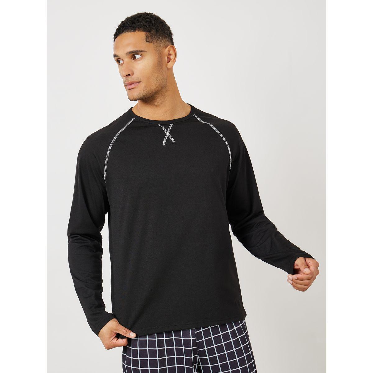 Styli Unwind Contrast Stitch T-Shirt & Checked Pyjama Set-men-clothing-nightwear-sets-image-2