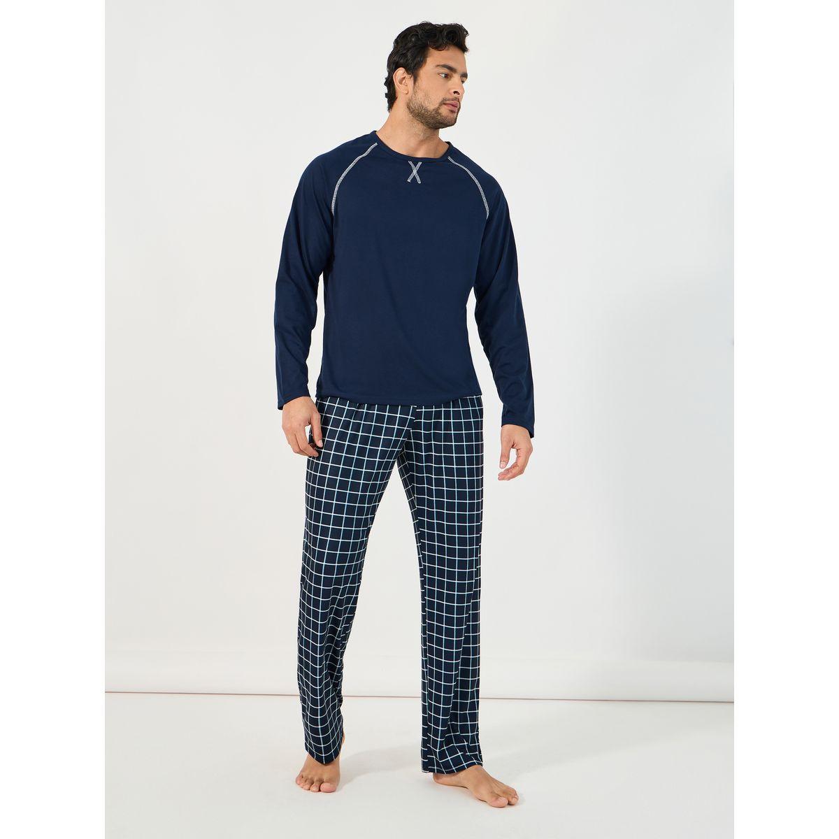 Styli Unwind Contrast Stitch T-Shirt & Checked Pyjama Set-men-clothing-nightwear-sets-image-1