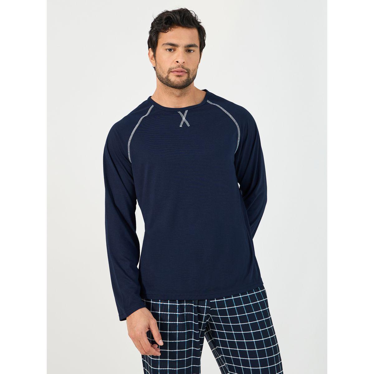 Styli Unwind Contrast Stitch T-Shirt & Checked Pyjama Set-men-clothing-nightwear-sets-image-2