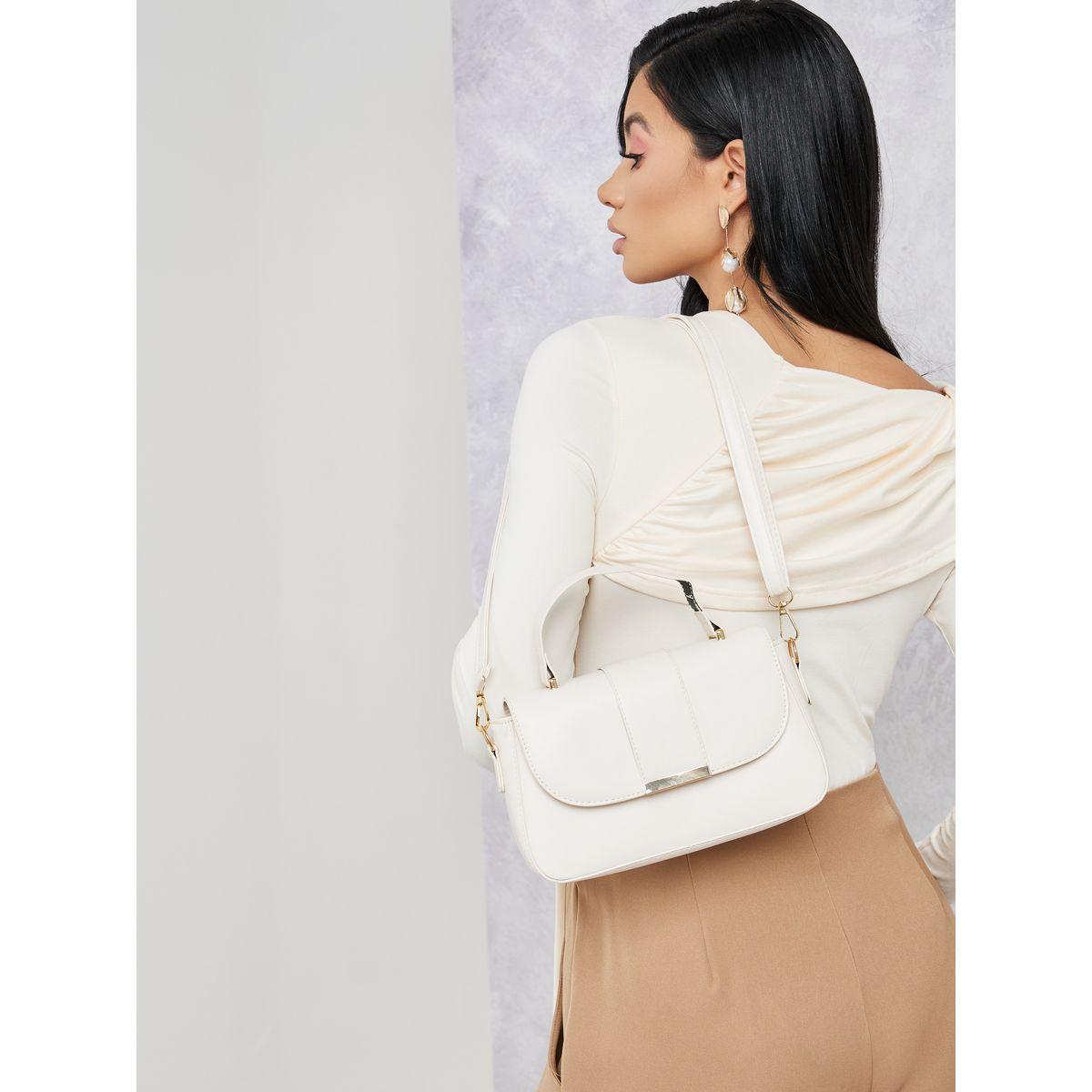 Styli Contrast Metal Detail Handbag with Detachable Strap-women-bagsandwallets-handbags-image-2