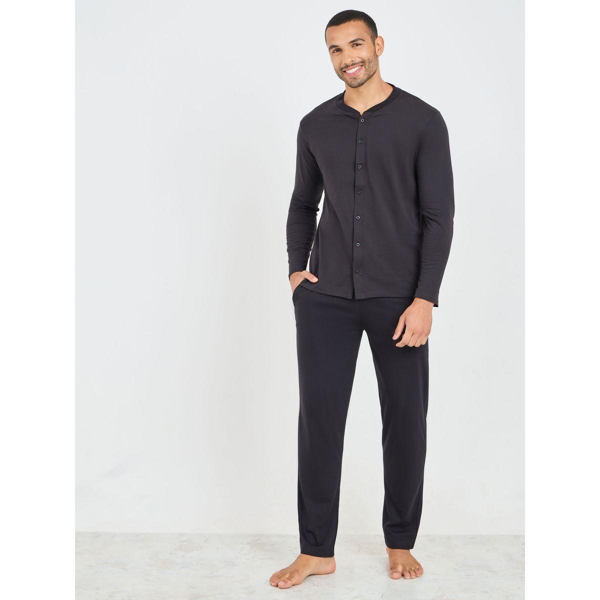 Styli Unwind Solid Mandarin Collar Knit Shirt and Straight Pyjama Set-men-clothing-nightwear-sets-image-1