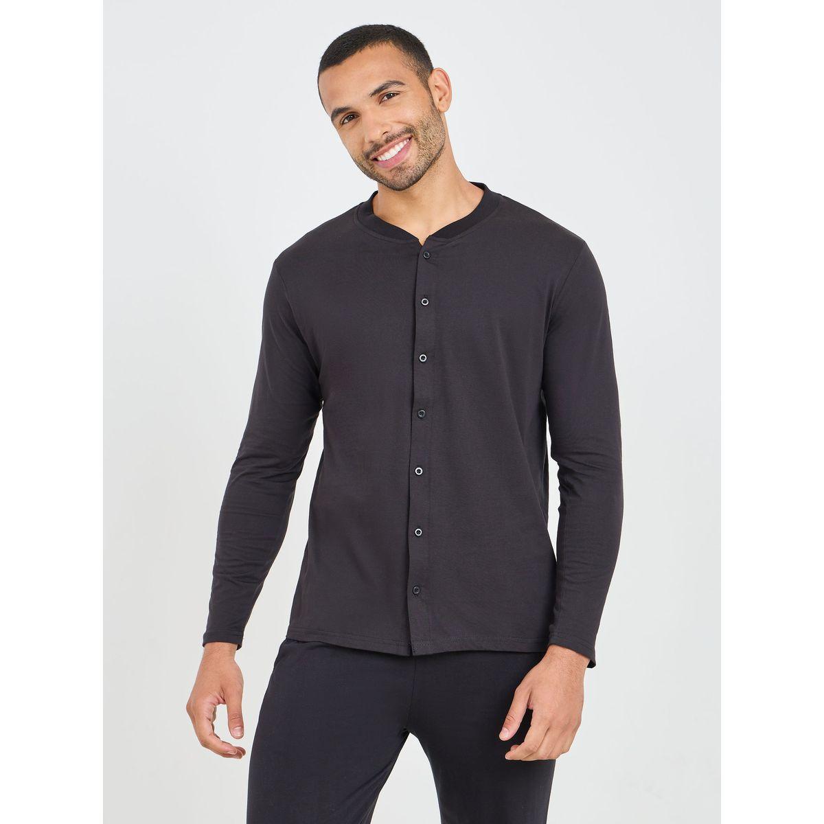 Styli Unwind Solid Mandarin Collar Knit Shirt and Straight Pyjama Set-men-clothing-nightwear-sets-image-2