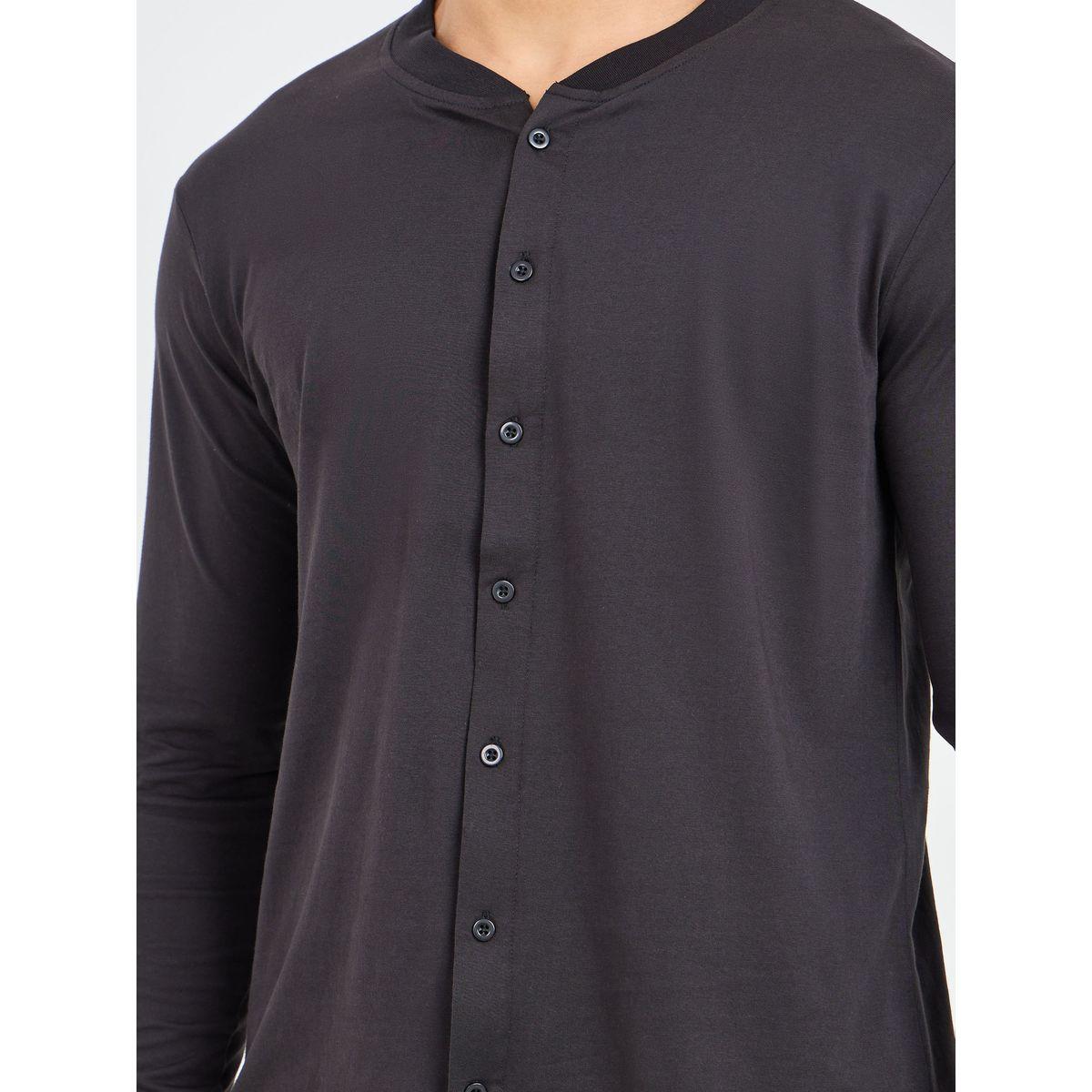 Styli Unwind Solid Mandarin Collar Knit Shirt and Straight Pyjama Set-men-clothing-nightwear-sets-image-3