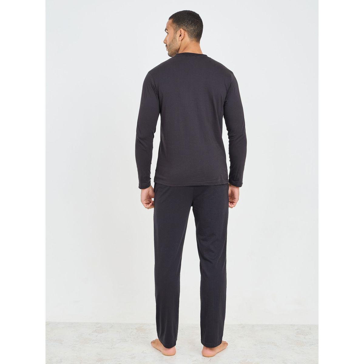 Styli Unwind Solid Mandarin Collar Knit Shirt and Straight Pyjama Set-men-clothing-nightwear-sets-image-4