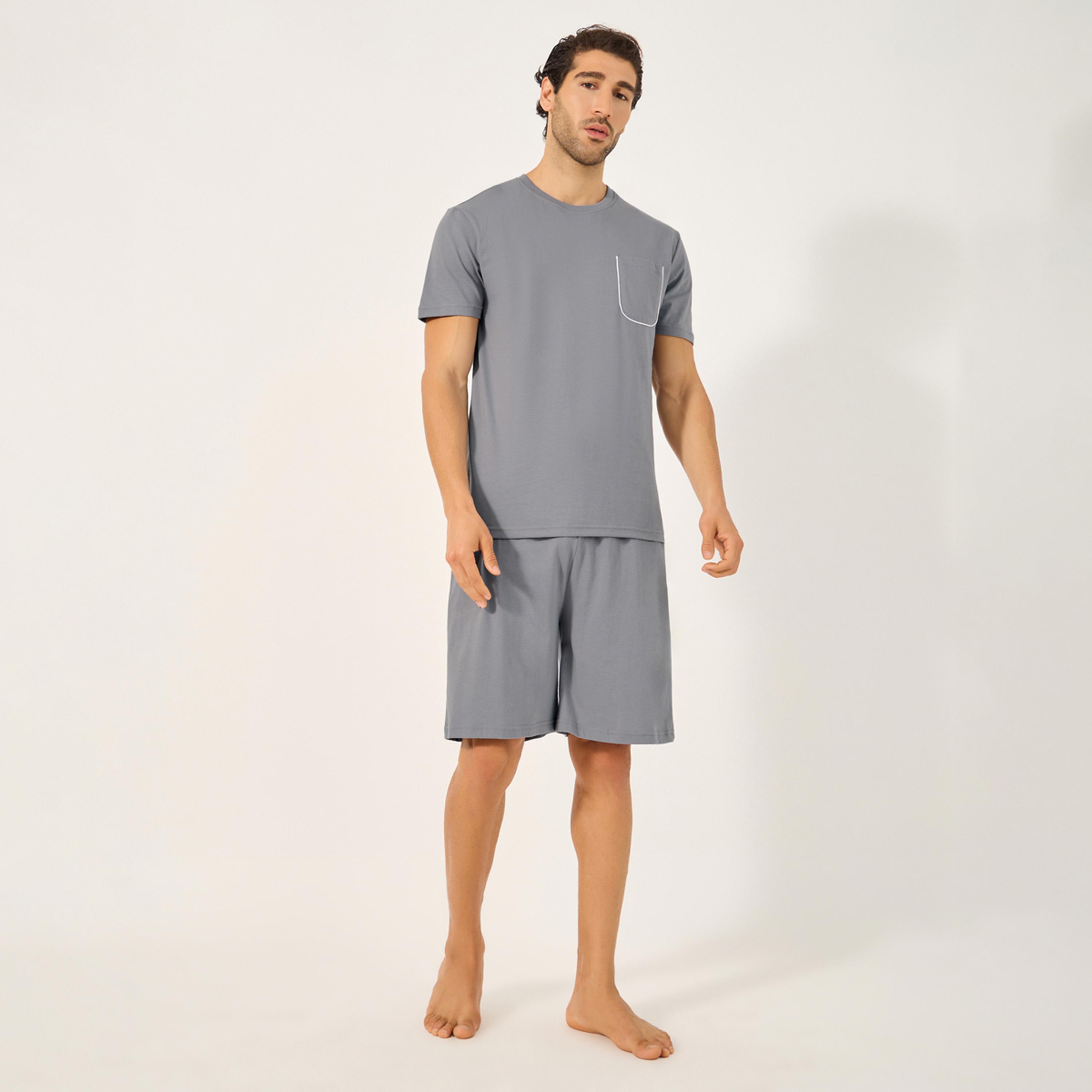 Styli Unwind Contrast Piped Pocket Detail T-Shirt And Short Pyjama Set-men-clothing-nightwear-sets-image-1