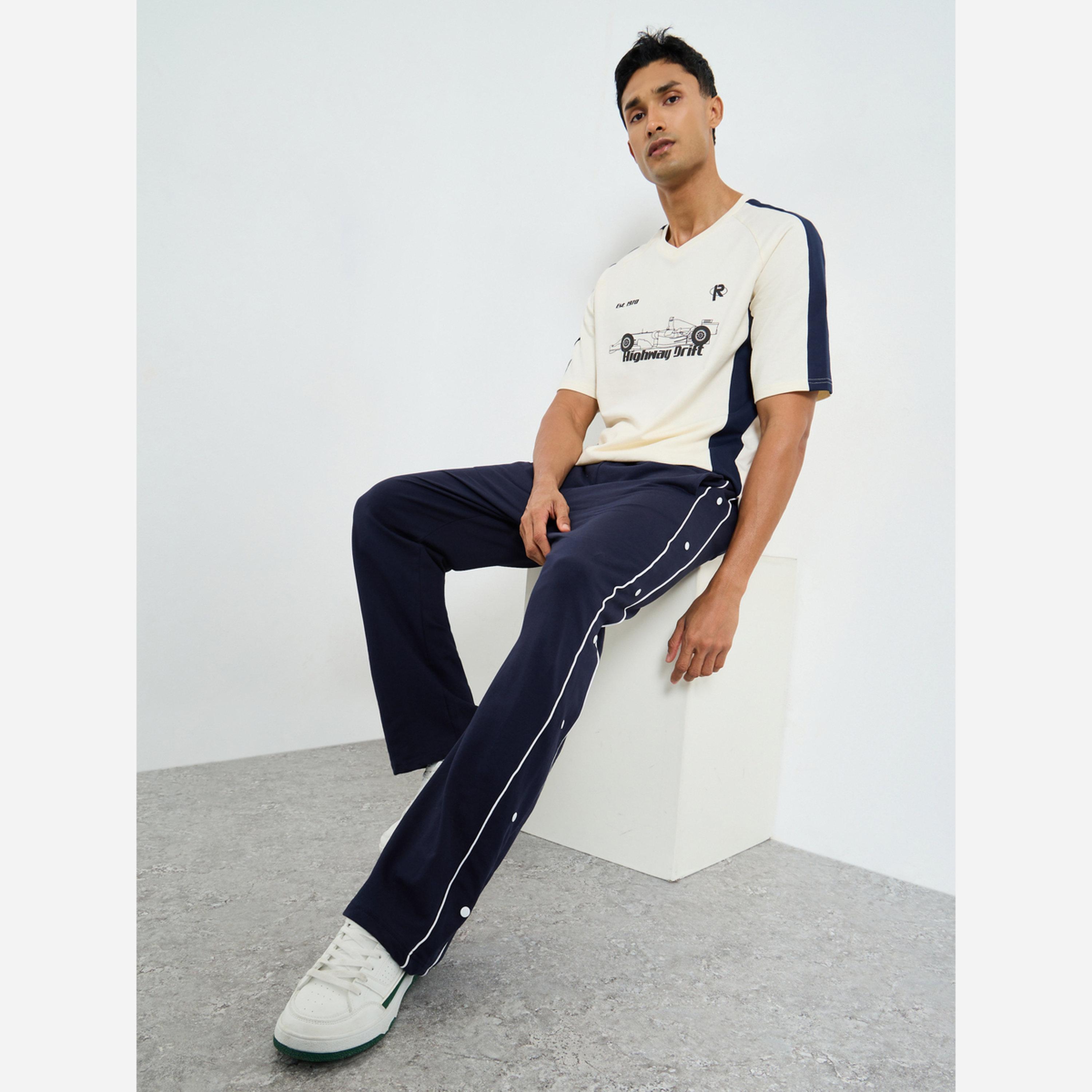 Styli Contrast Piping and Popper Oversized Open Hem Joggers-men-clothing-bottoms-joggers-image-4
