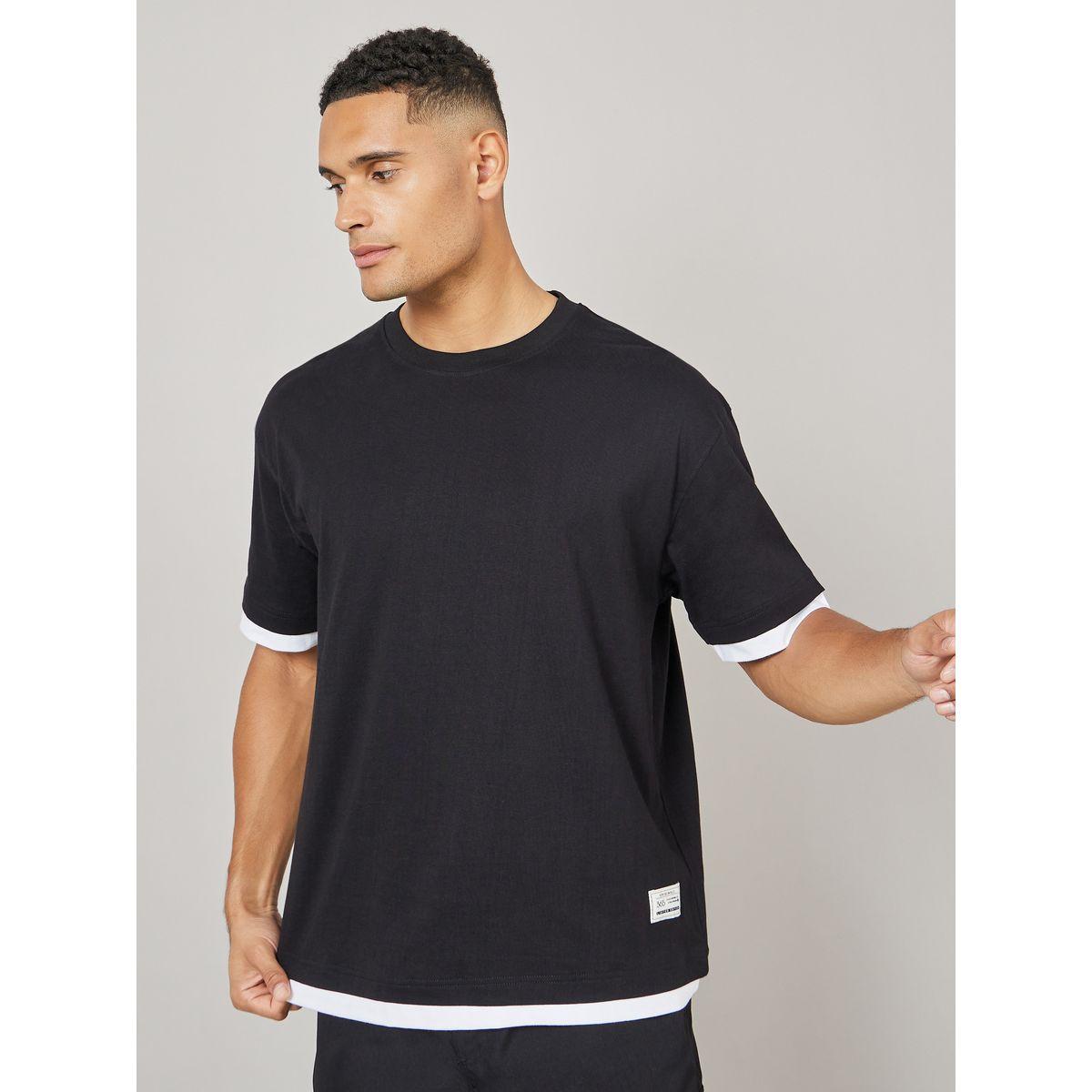 Styli Contrast Panel Oversized T-Shirt with Badge Detail-men-clothing-tshirtsandpolos-tshirts-image-1