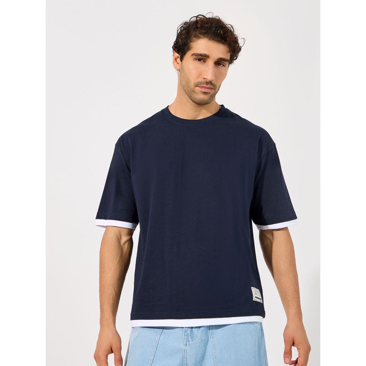 Styli Contrast Panel Oversized T-Shirt with Badge Detail-men-clothing-tshirtsandpolos-tshirts-image-1