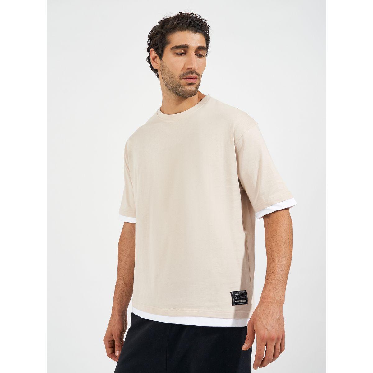 Styli Contrast Panel Oversized T-Shirt with Badge Detail-men-clothing-tshirtsandpolos-tshirts-image-1
