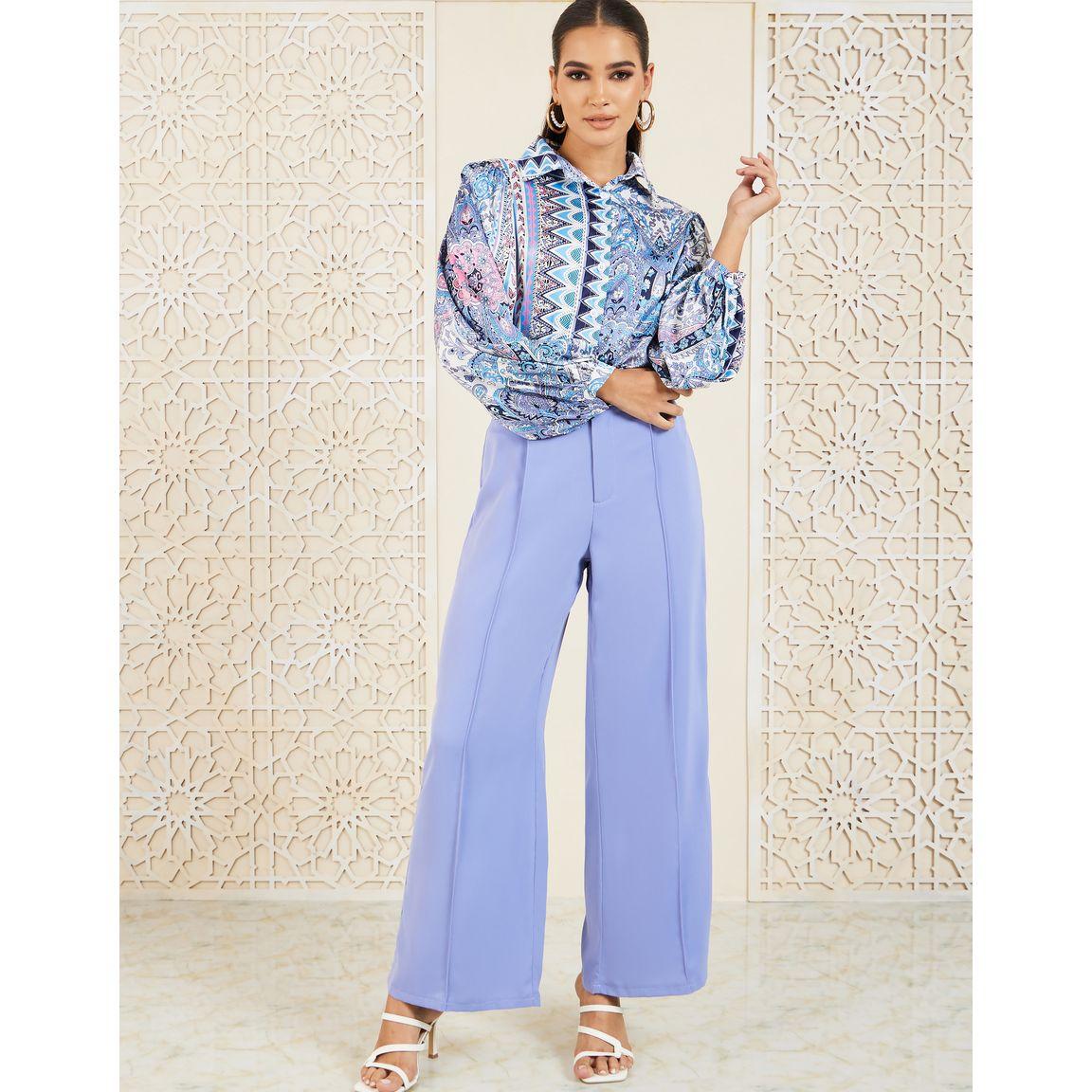 Styli Aztec Print Collared Shirt & Pintuck Wide Leg Pants Co-Ord-women-clothing-coordsets-image-1