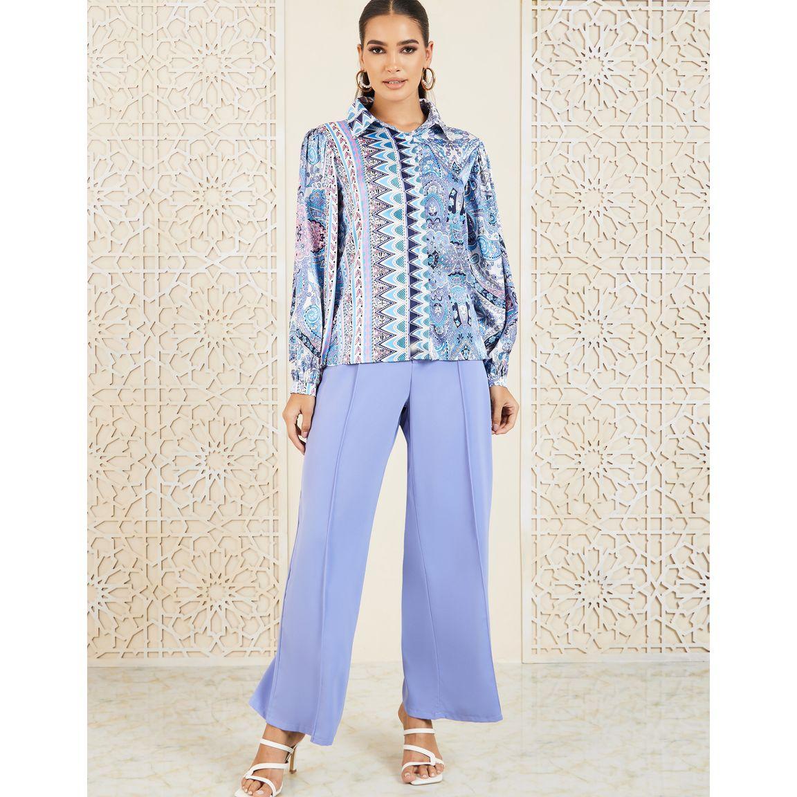 Styli Aztec Print Collared Shirt & Pintuck Wide Leg Pants Co-Ord-women-clothing-coordsets-image-2