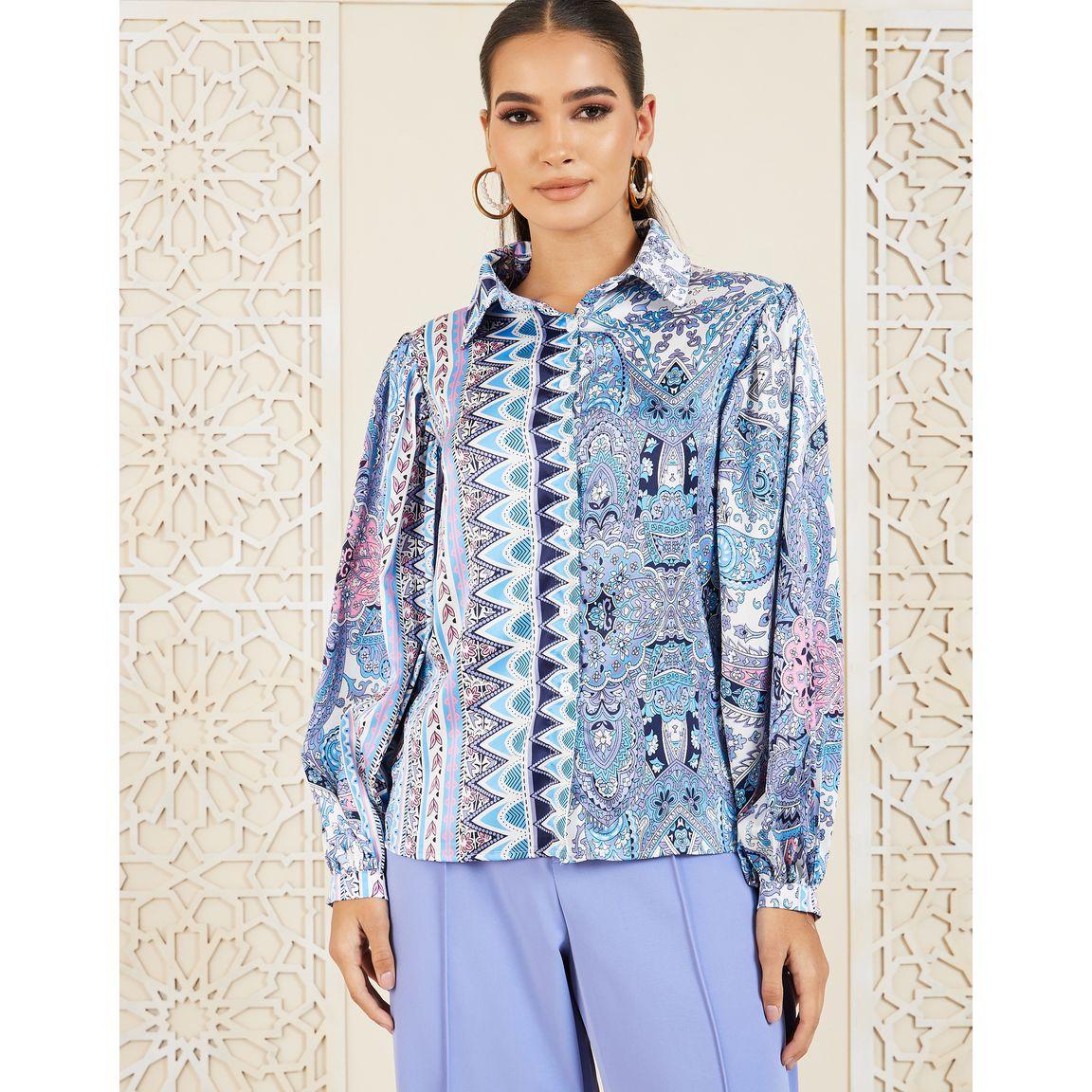 Styli Aztec Print Collared Shirt & Pintuck Wide Leg Pants Co-Ord-women-clothing-coordsets-image-3