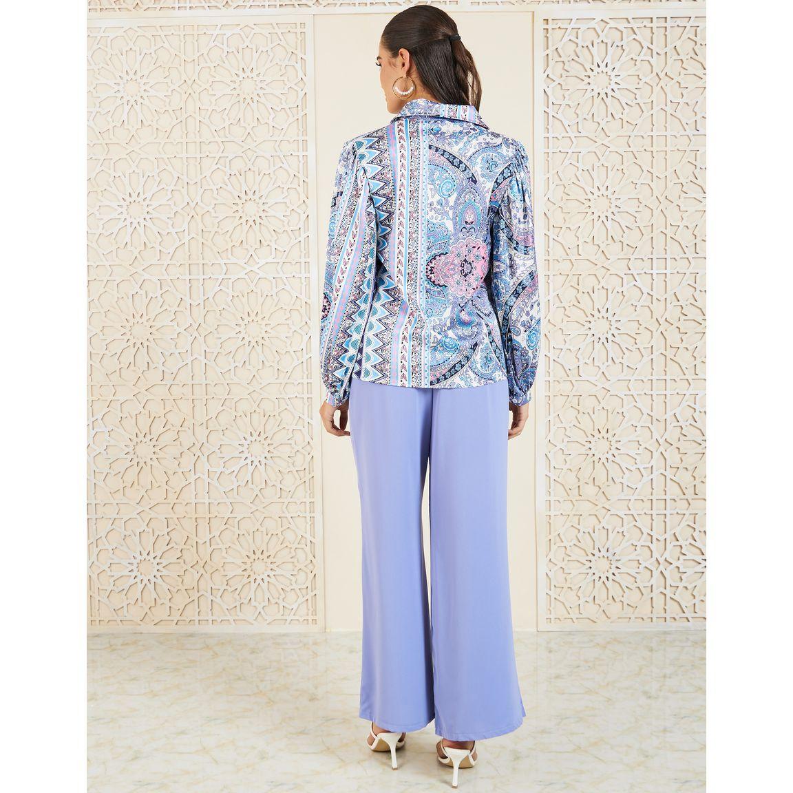 Styli Aztec Print Collared Shirt & Pintuck Wide Leg Pants Co-Ord-women-clothing-coordsets-image-5