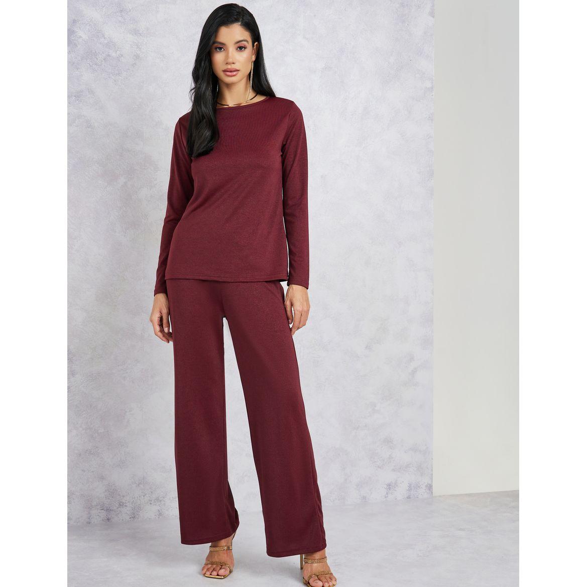 Styli Solid Long Sleeve Top & Flared Pants Co-Ords-women-clothing-coordsets-image-1