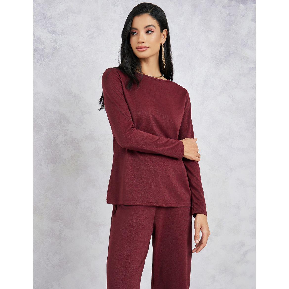 Styli Solid Long Sleeve Top & Flared Pants Co-Ords-women-clothing-coordsets-image-2