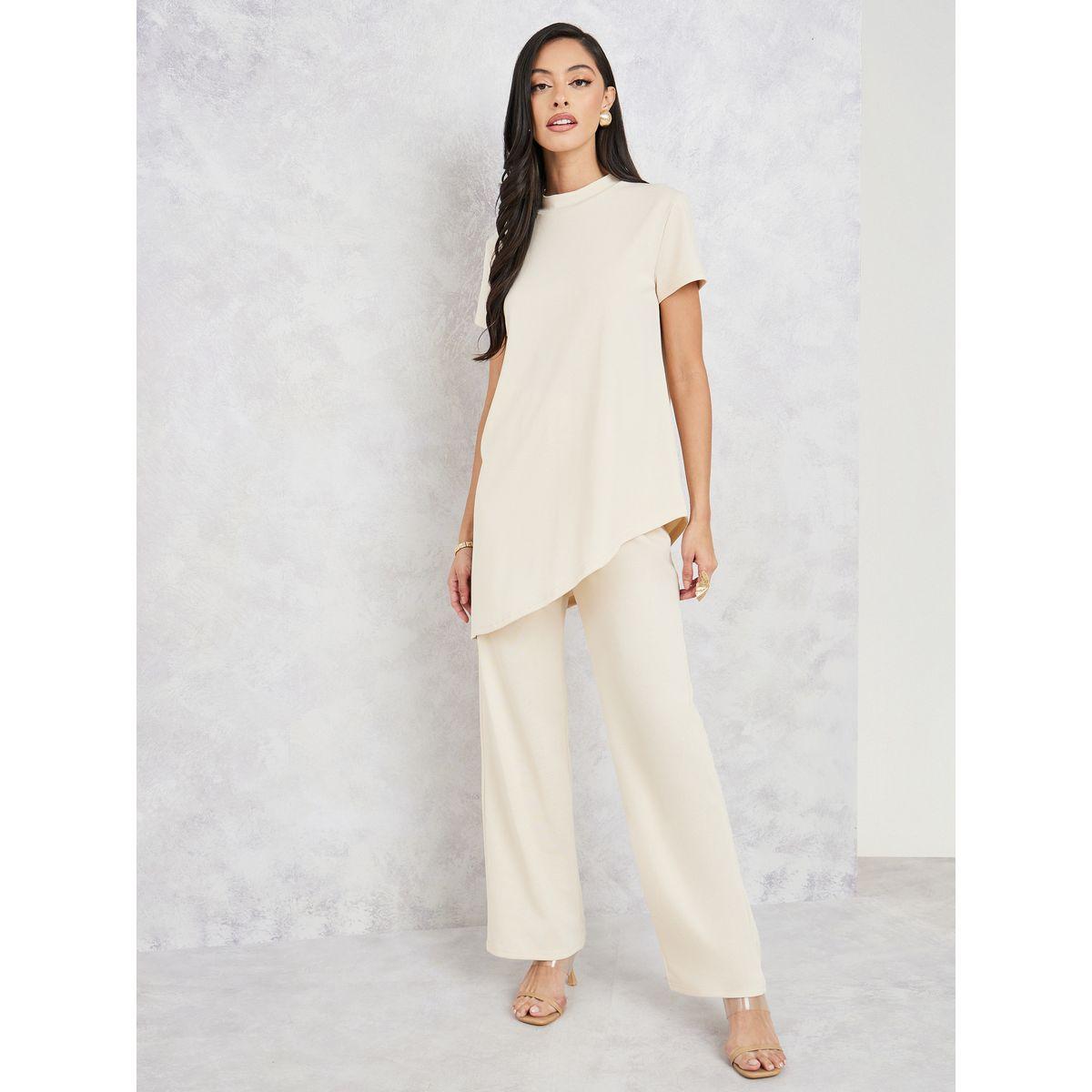 Styli High Neck Asymmetric Hem T-Shirt & Straight Leg Pant Co-Ords-women-clothing-coordsets-image-1