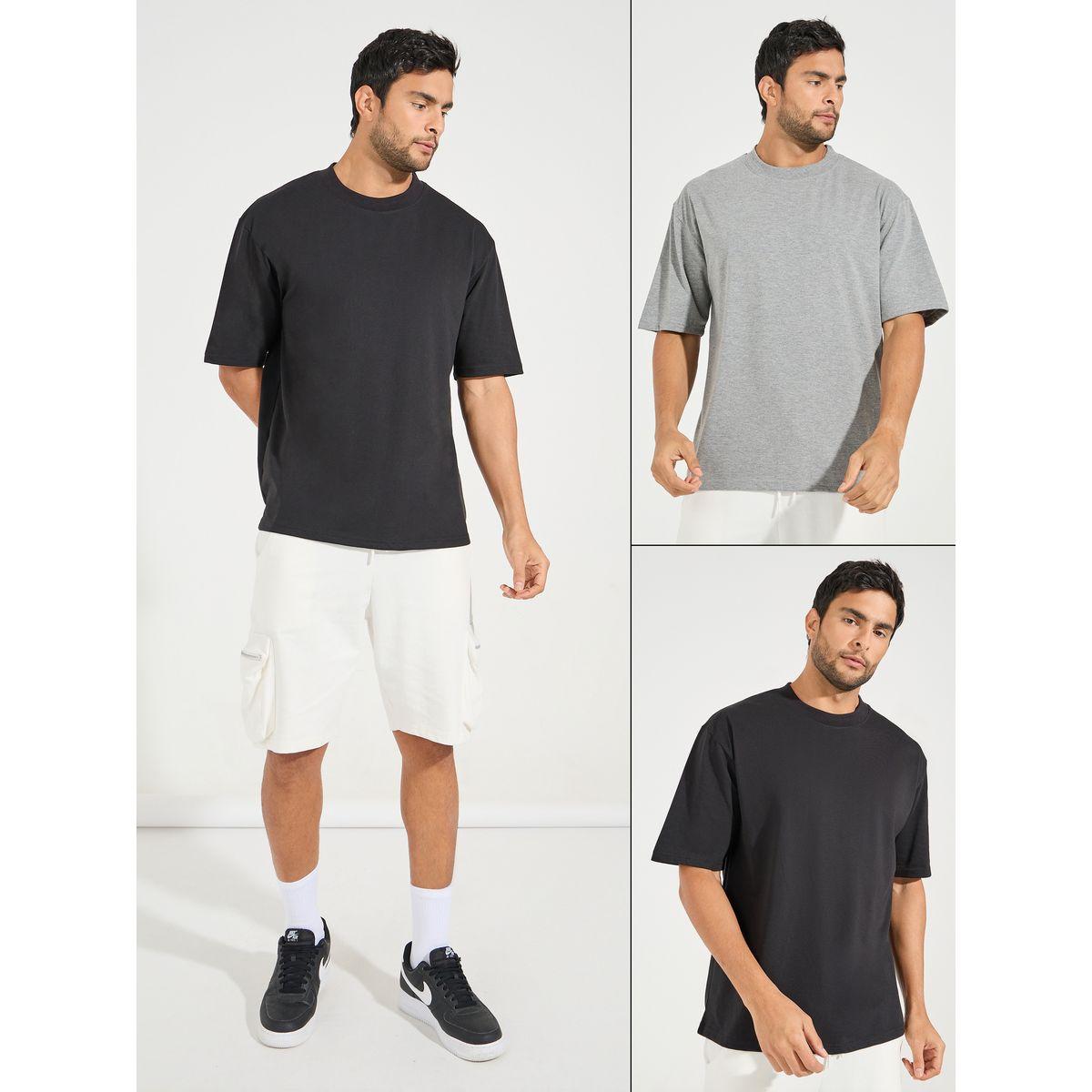 Styli Pack of 2 - Oversized Mock Neck Ribbed T-Shirt with Short Sleeves-men-clothing-tshirtsandpolos-tshirts-image-1