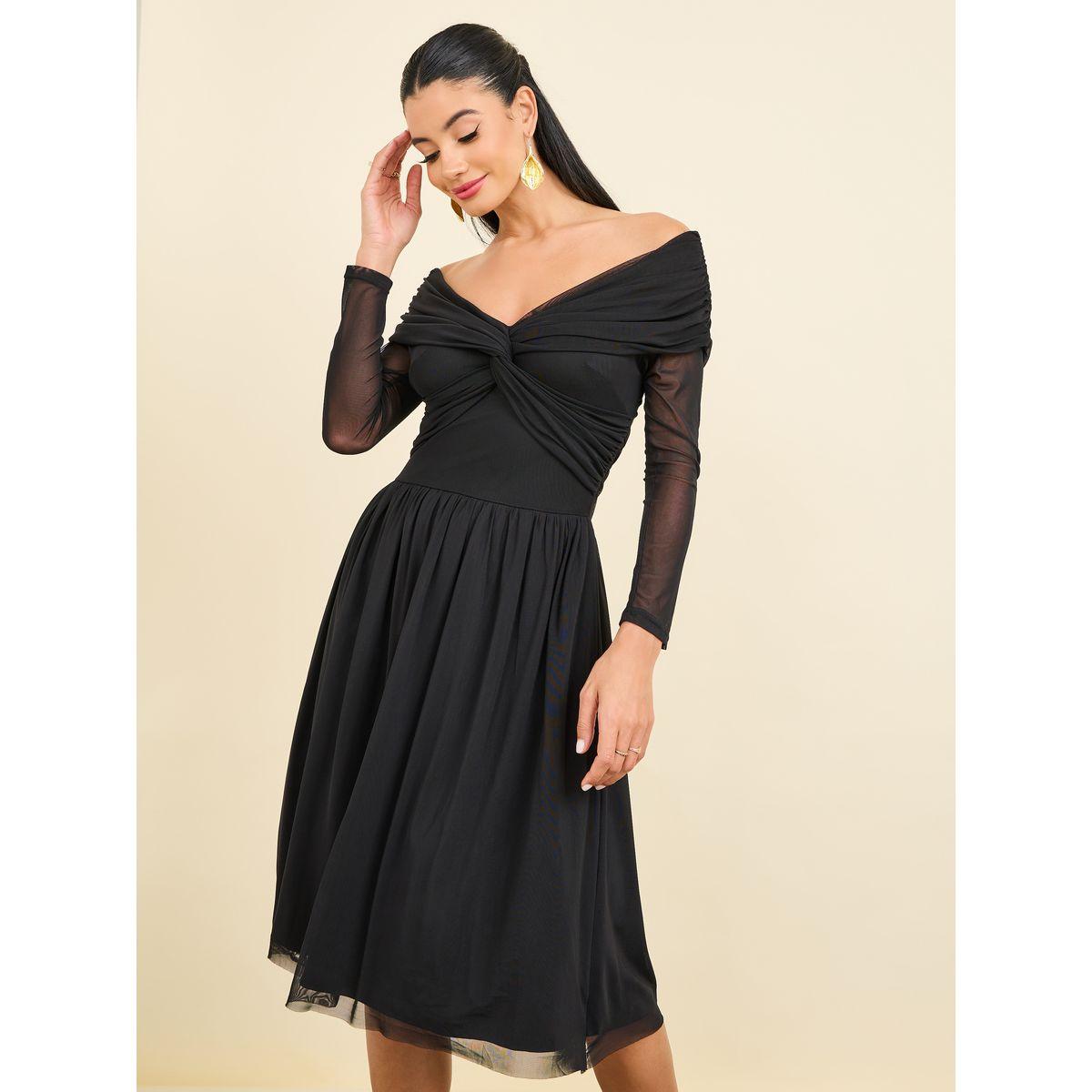 Styli Off Shoulder Neck Twist Detail Mesh Knee Length Dress-women-clothing-dresses-image-1