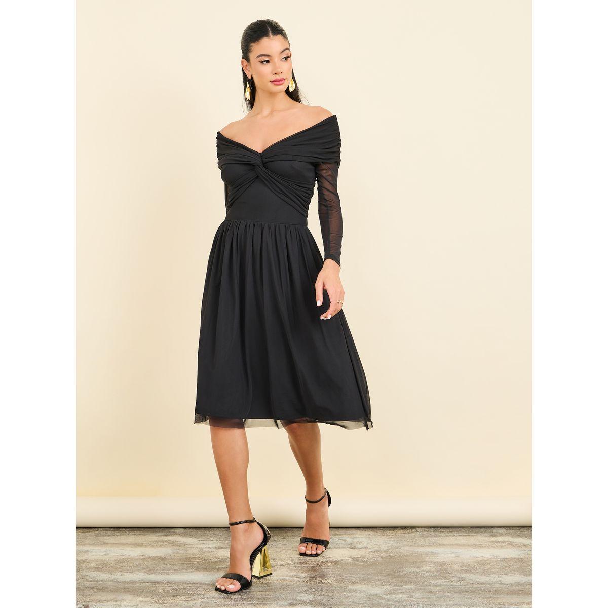 Styli Off Shoulder Neck Twist Detail Mesh Knee Length Dress-women-clothing-dresses-image-2