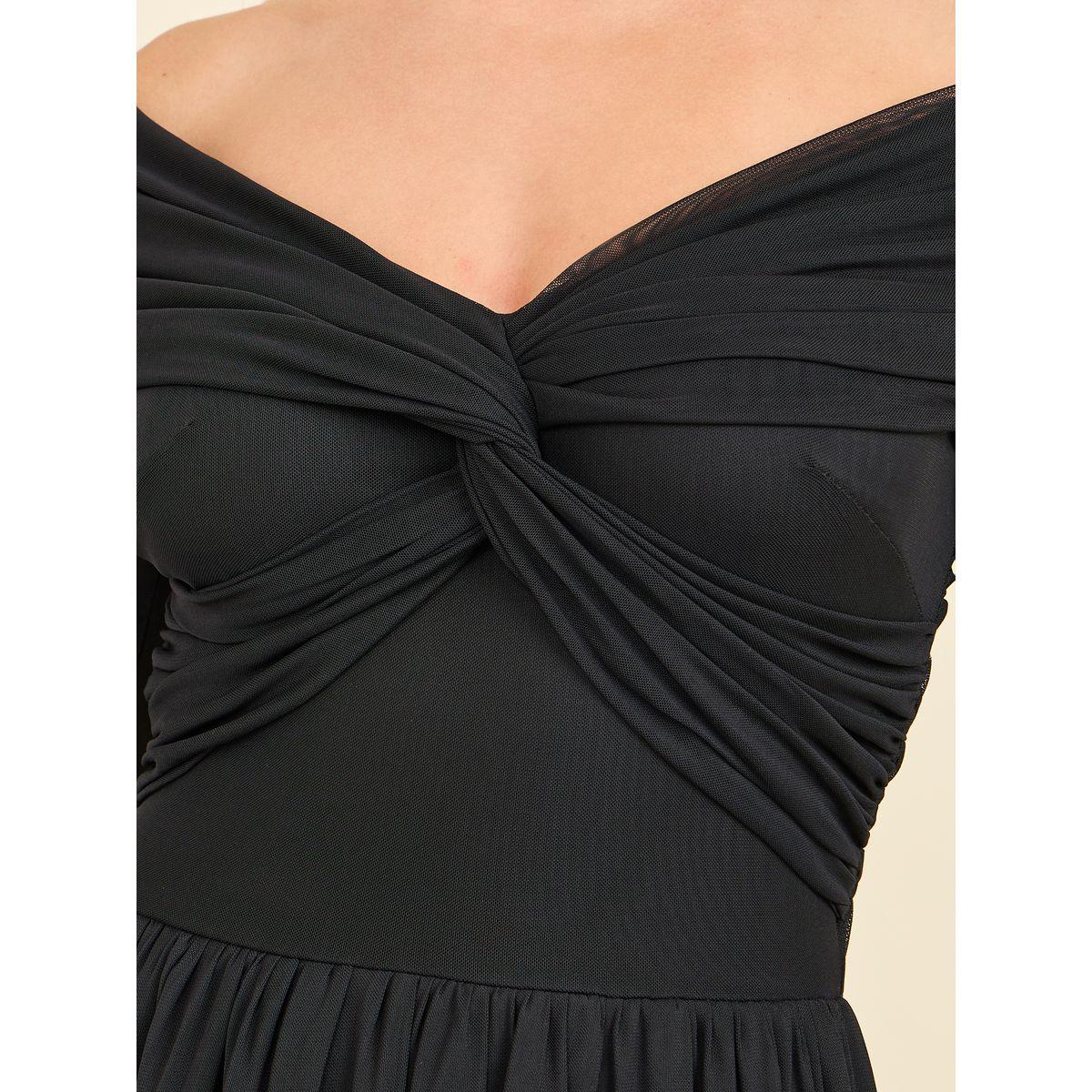 Styli Off Shoulder Neck Twist Detail Mesh Knee Length Dress-women-clothing-dresses-image-3