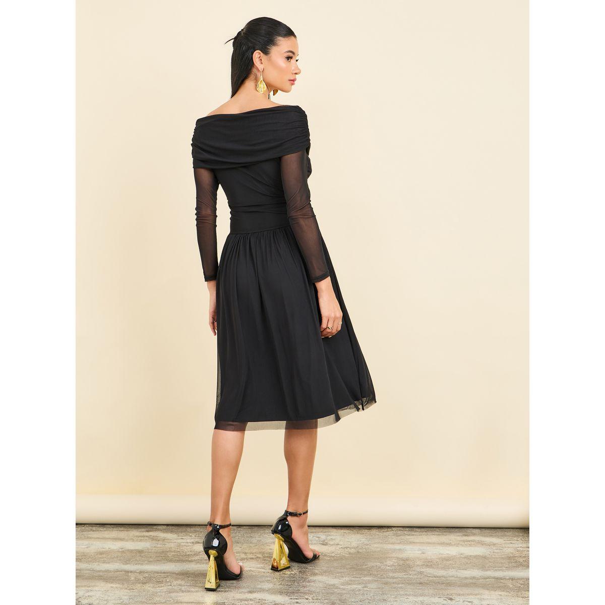 Styli Off Shoulder Neck Twist Detail Mesh Knee Length Dress-women-clothing-dresses-image-4