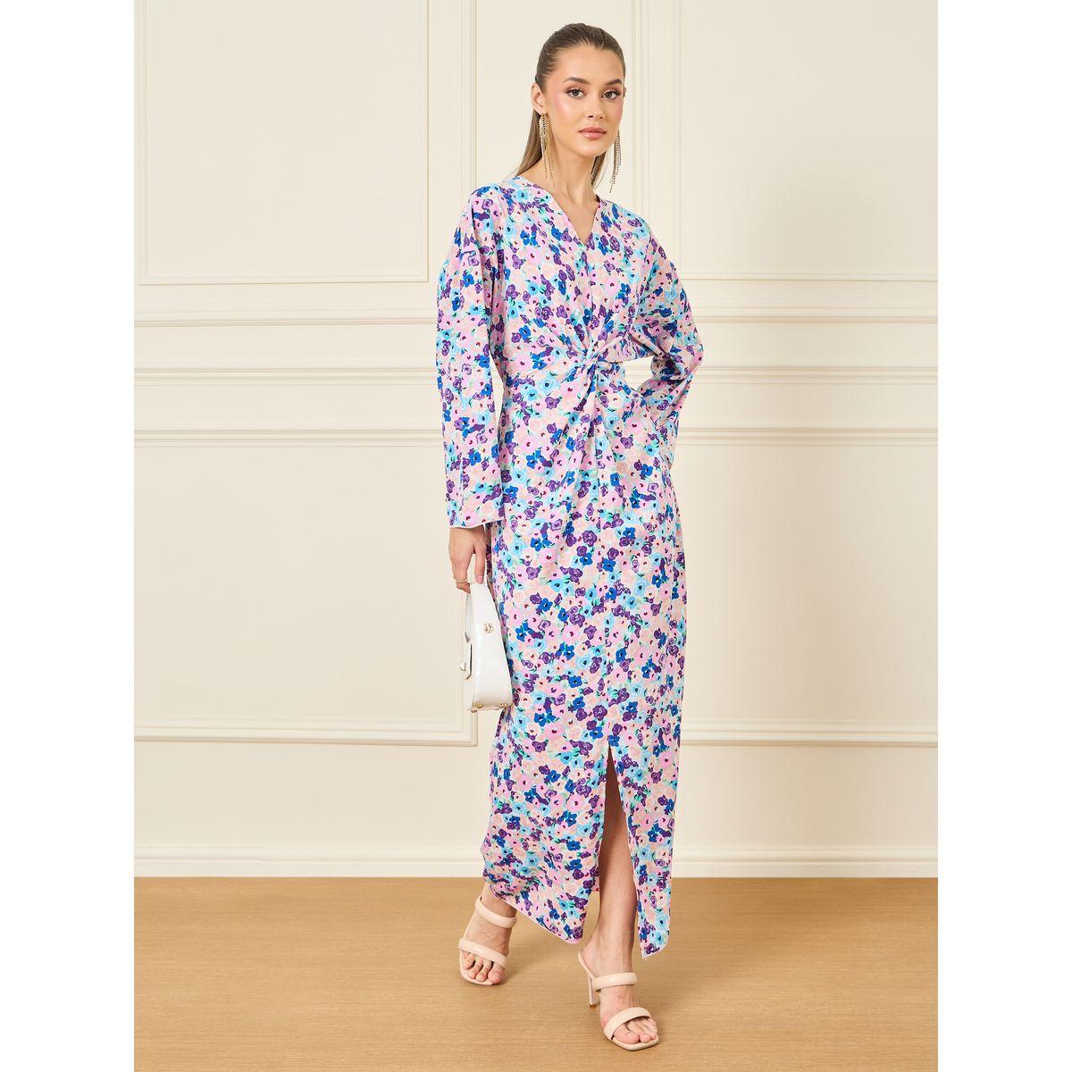 Styli Floral Print Twist Detail Front Slit Maxi Dress-women-clothing-dresses-image-1