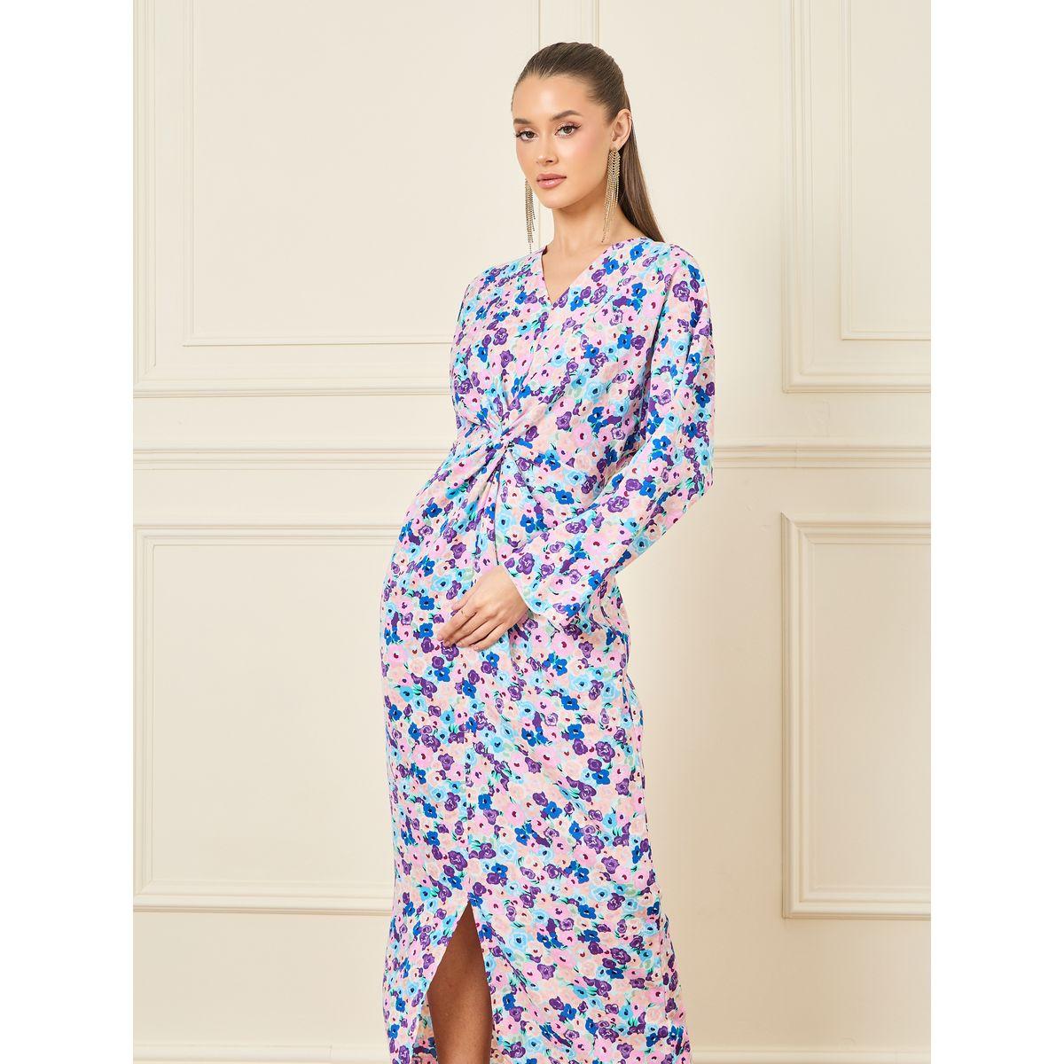 Styli Floral Print Twist Detail Front Slit Maxi Dress-women-clothing-dresses-image-2