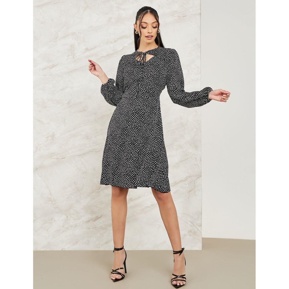 Styli Ditsy Print Tie-Up Neck Knee Length Dress-women-clothing-dresses-image-2