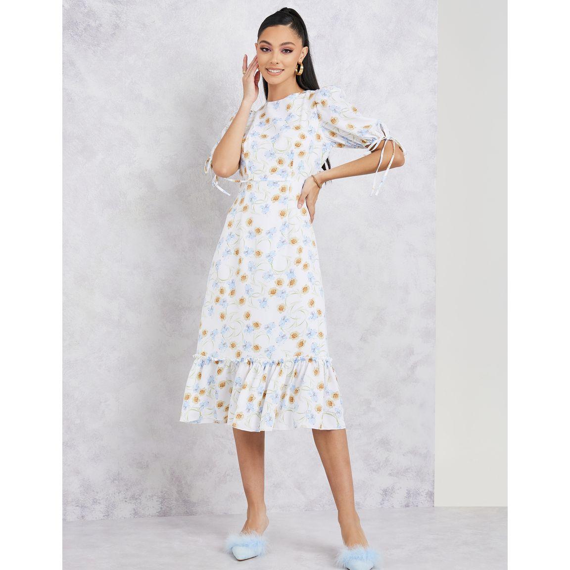 فستان ميدي مطبع بزهور مع حواف كشكش-women-clothing-dresses-image-1
