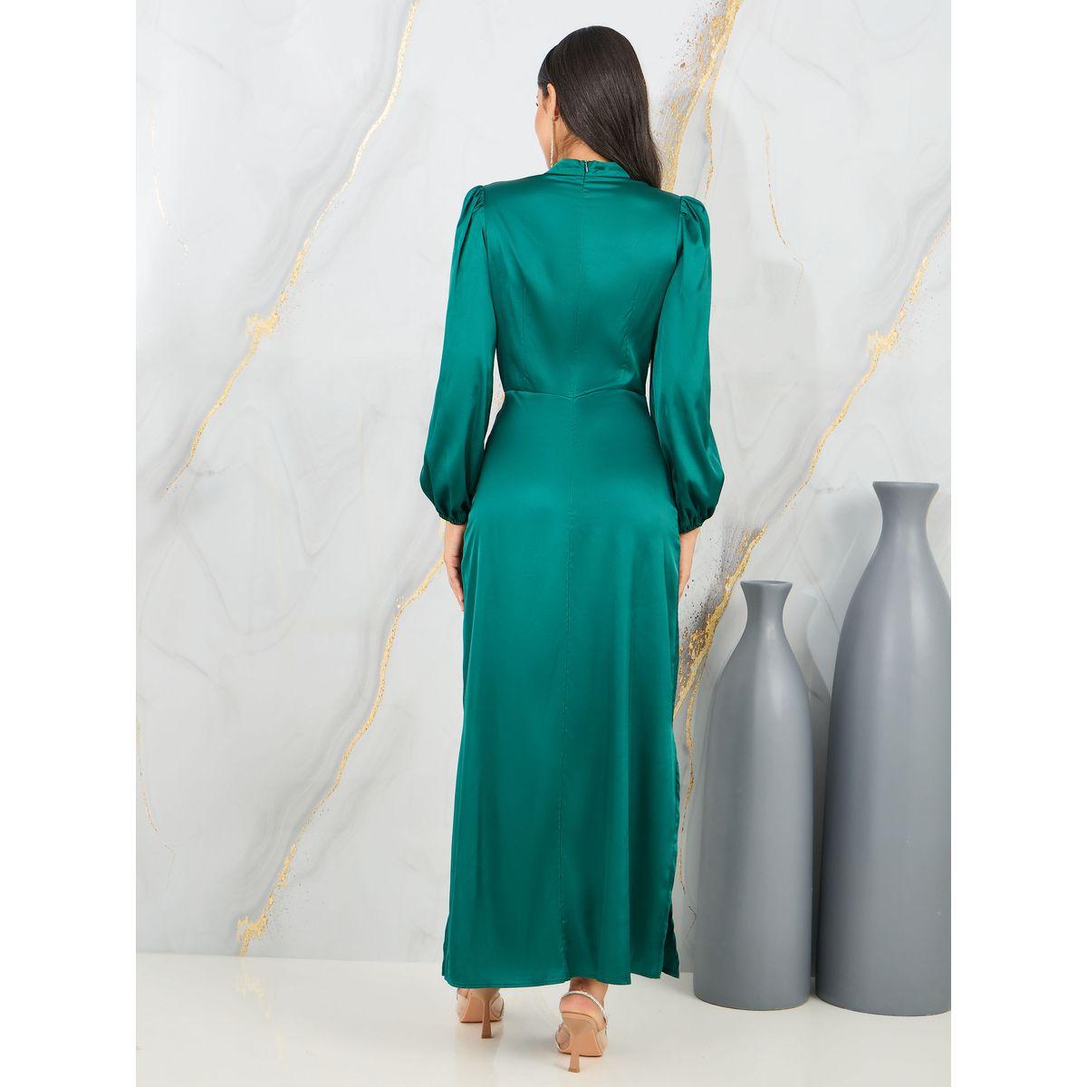 فستان طويل ساتان بياقة عالية وشق جانبي-women-clothing-dresses-image-4