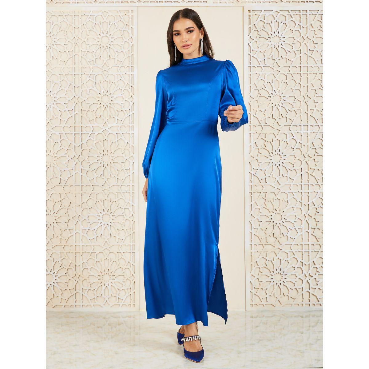 فستان ماكسي من ستيلي ساتين برقبة عالية مع فتحة جانبية-women-clothing-dresses-image-1