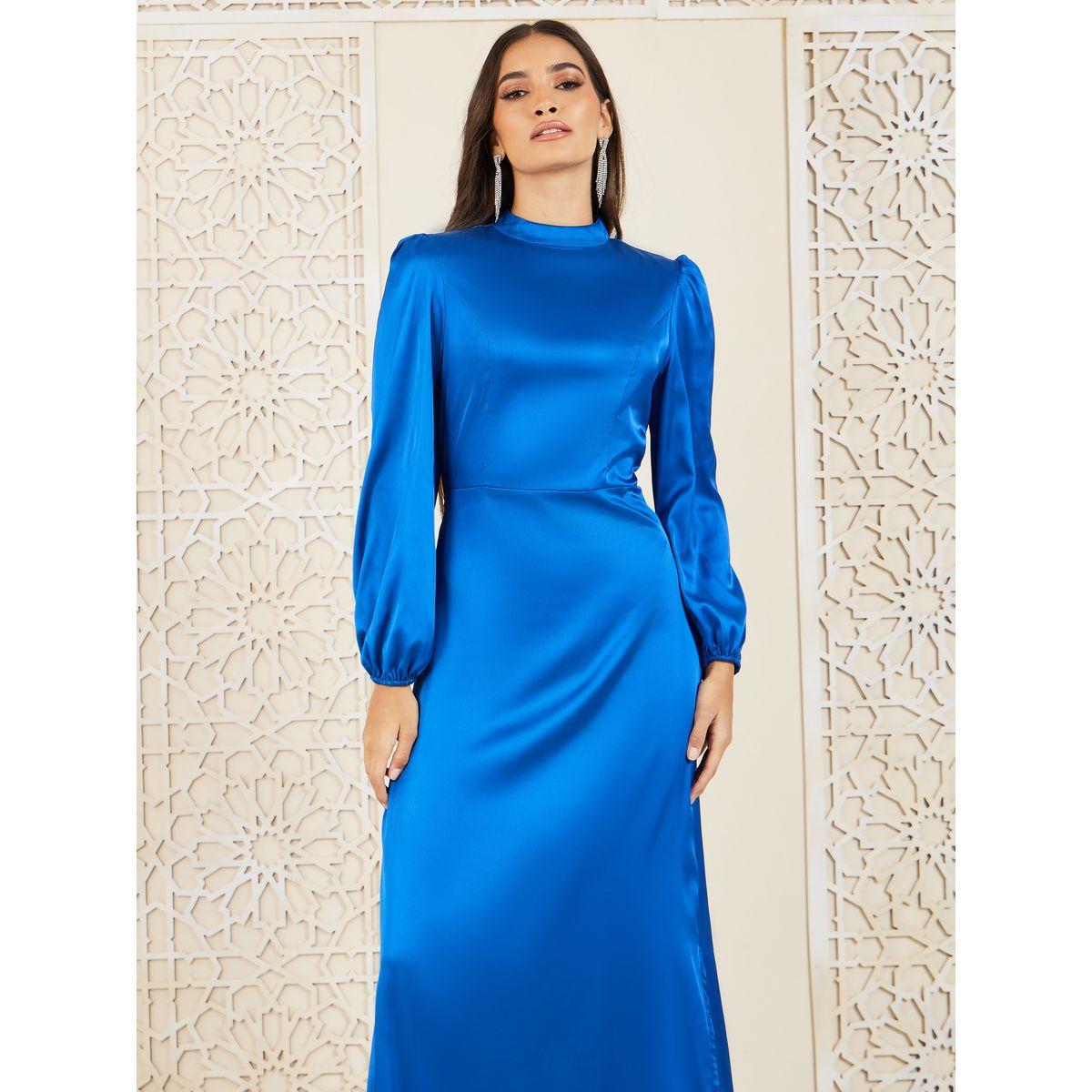 فستان ماكسي من ستيلي ساتين برقبة عالية مع فتحة جانبية-women-clothing-dresses-image-2
