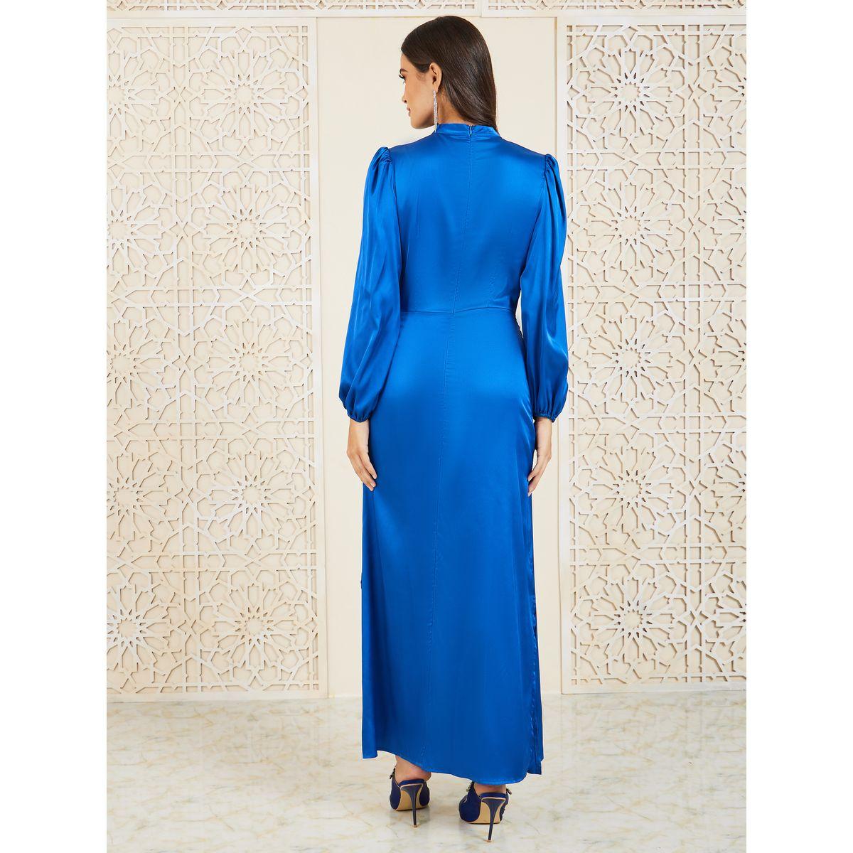 Styli Satin High Neck A-Line Maxi Dress with Side Slit-women-clothing-dresses-image-4
