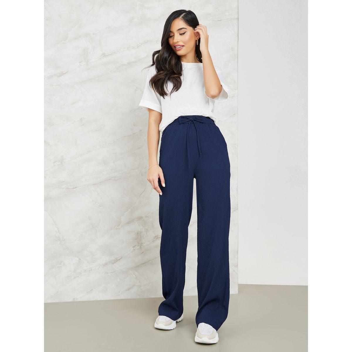 Styli Textured Wide Leg Pants with Side Pocket-women-clothing-bottoms-trousers-image-1